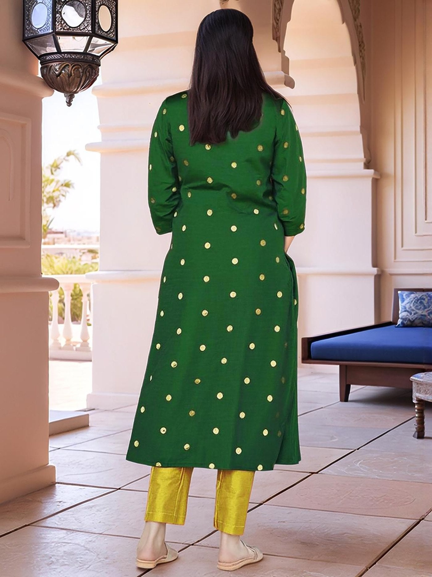 Forest Green Art Silk Butti Kurta Set with Mustard Silk Dupatta