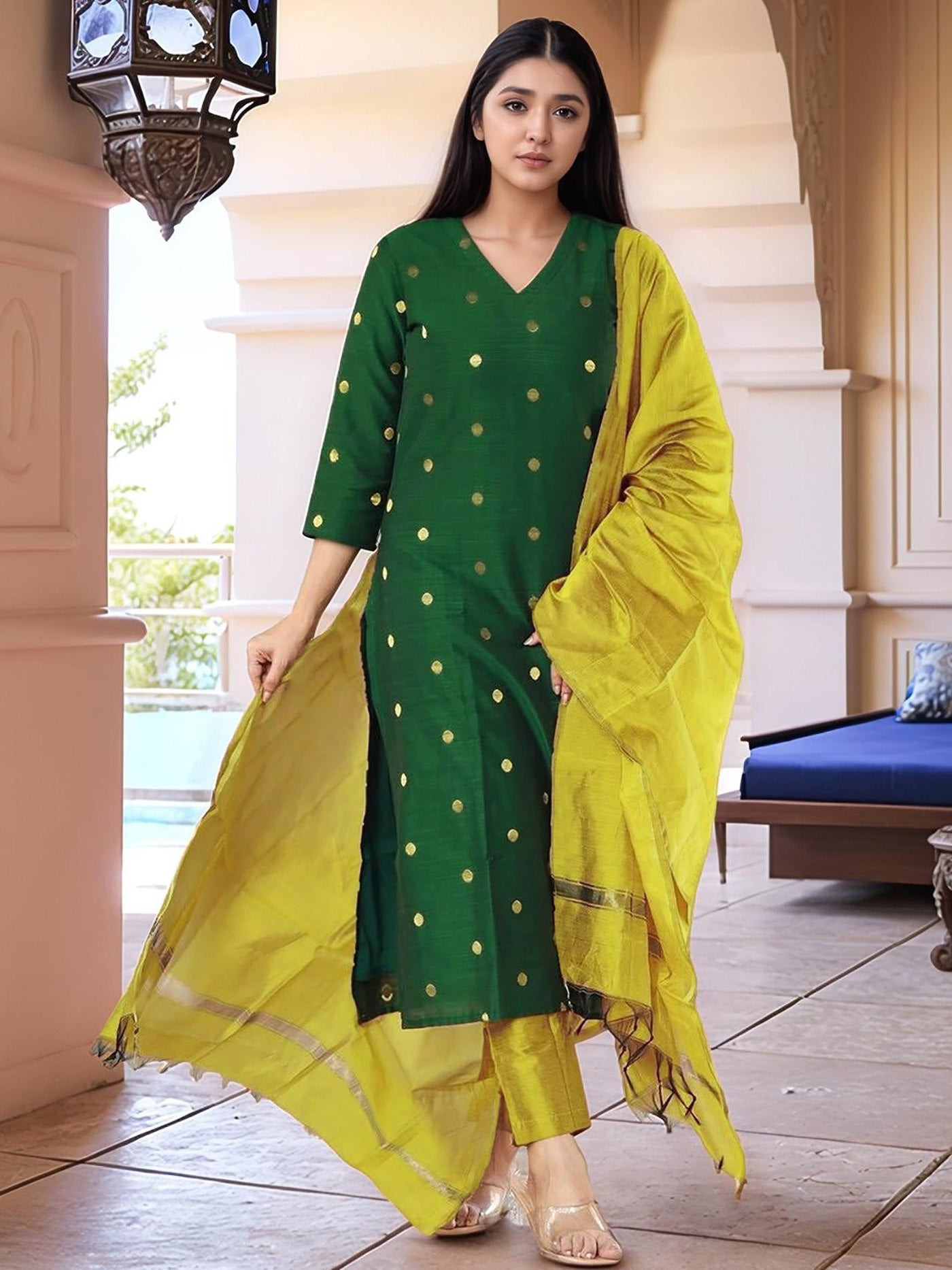 Forest Green Art Silk Butti Kurta Set with Mustard Silk Dupatta