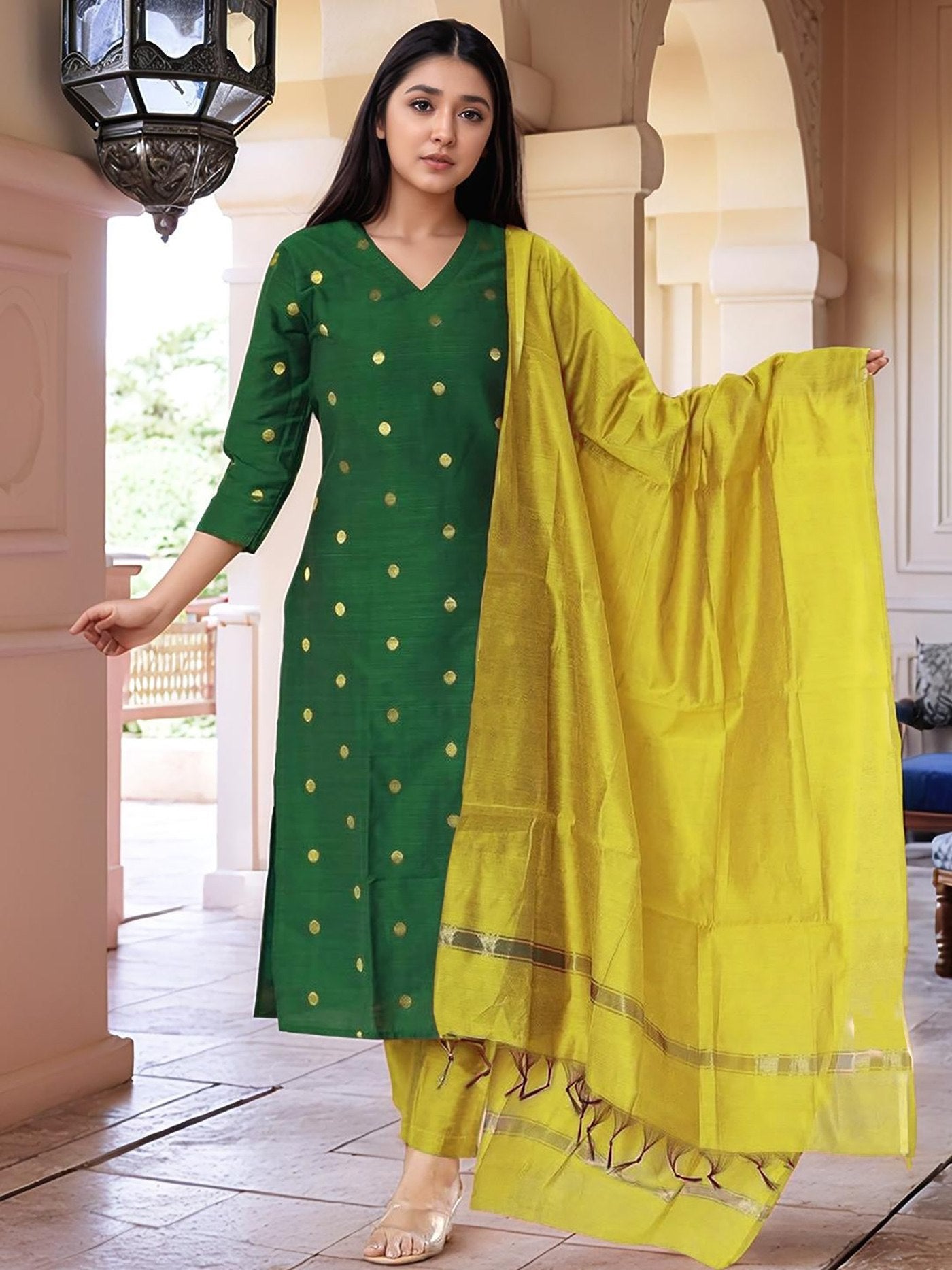 Forest Green Art Silk Butti Kurta Set with Mustard Silk Dupatta