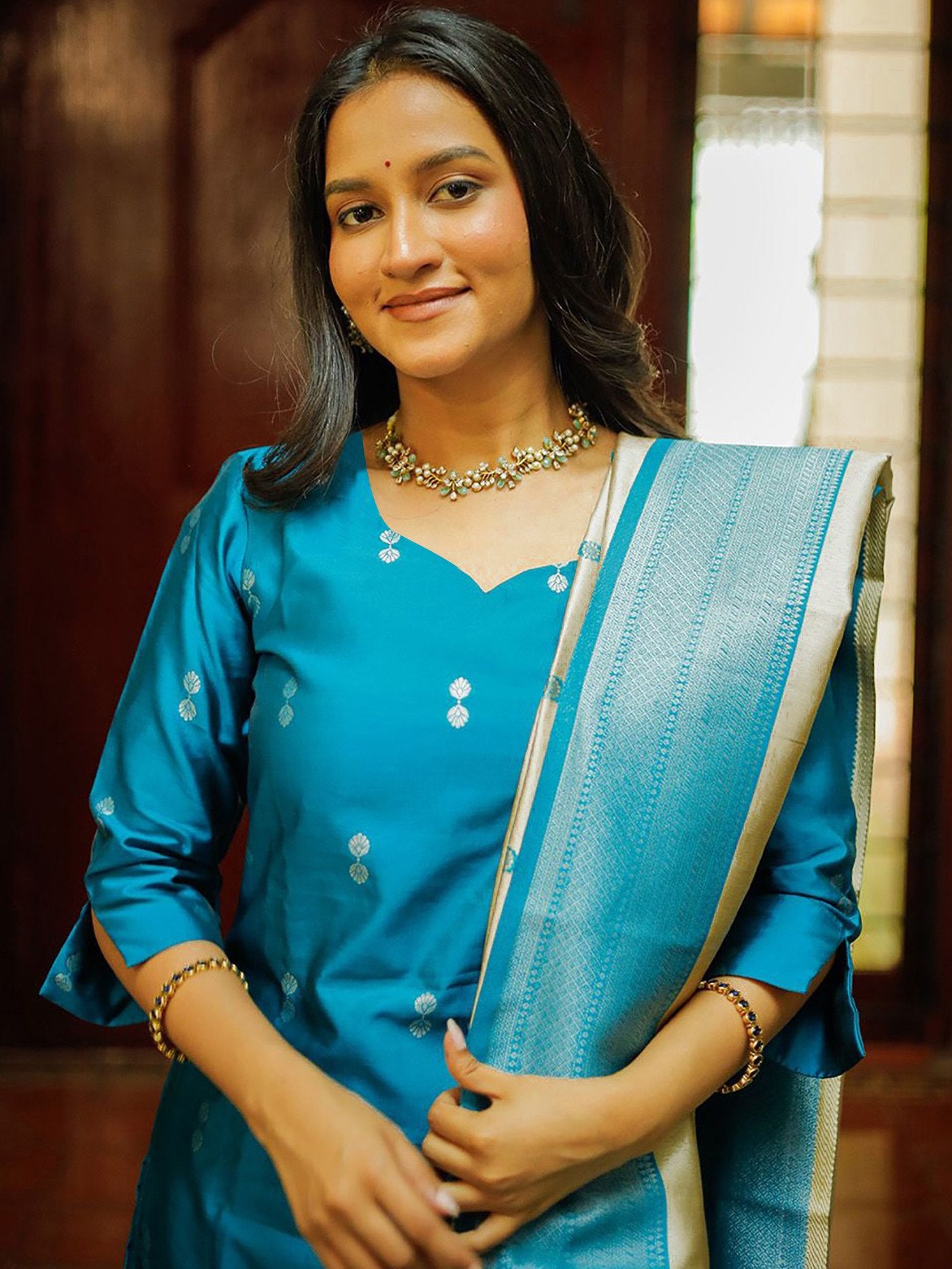 Cerulean Blue Jacquard Silk Butti Kurta Set with Silver Banarasi Dupatta