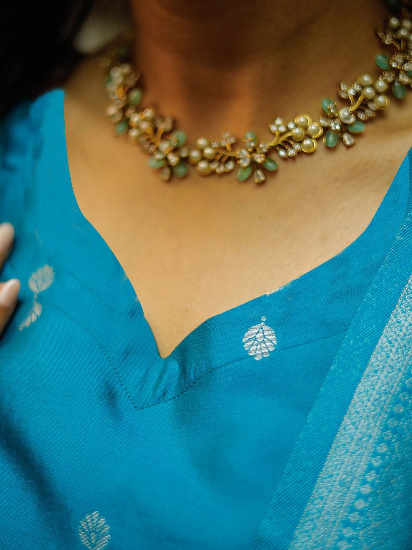 Cerulean Blue Jacquard Silk Butti Kurta Set with Silver Banarasi Dupatta