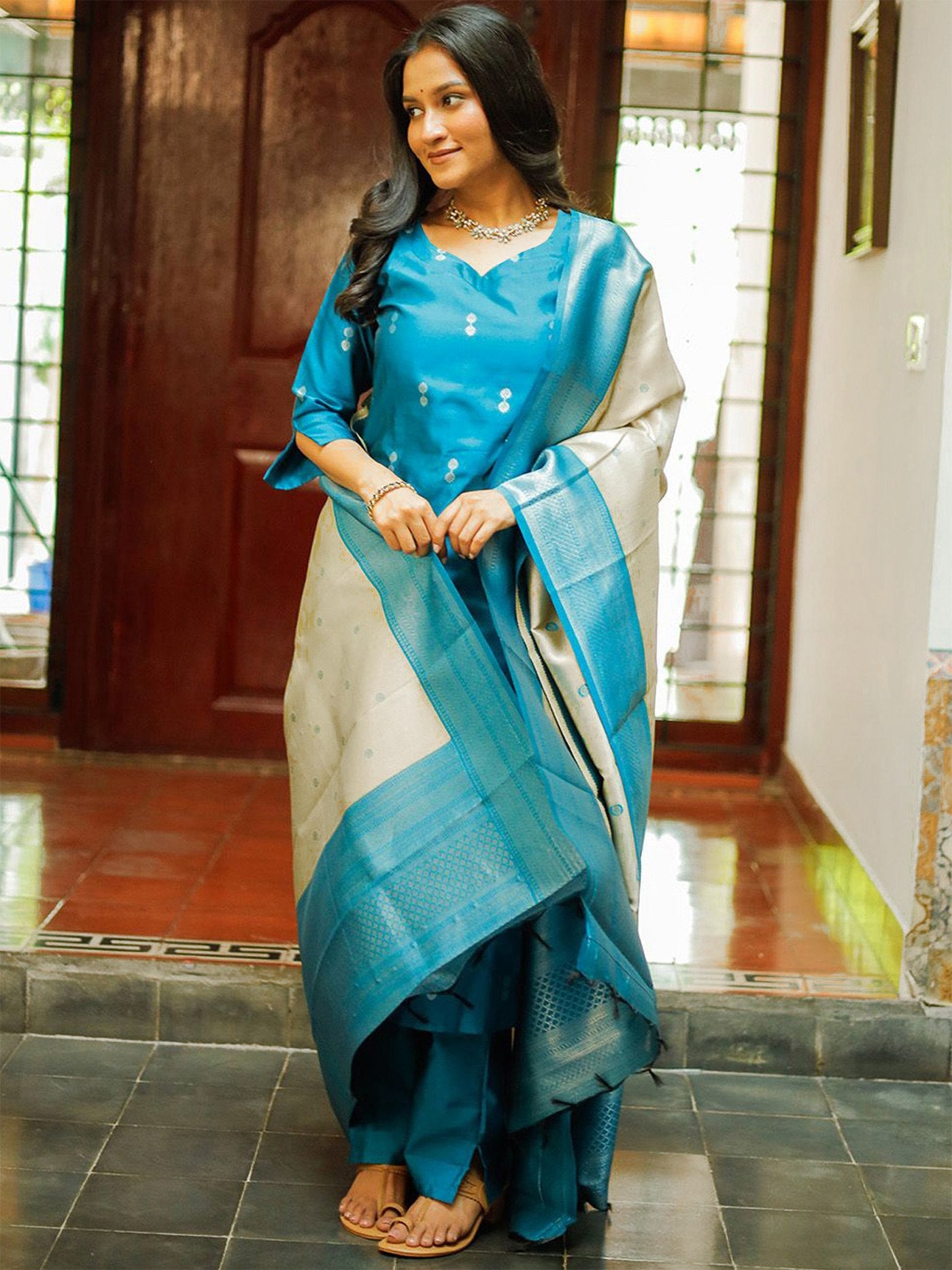 Cerulean Blue Jacquard Silk Butti Kurta Set with Silver Banarasi Dupatta