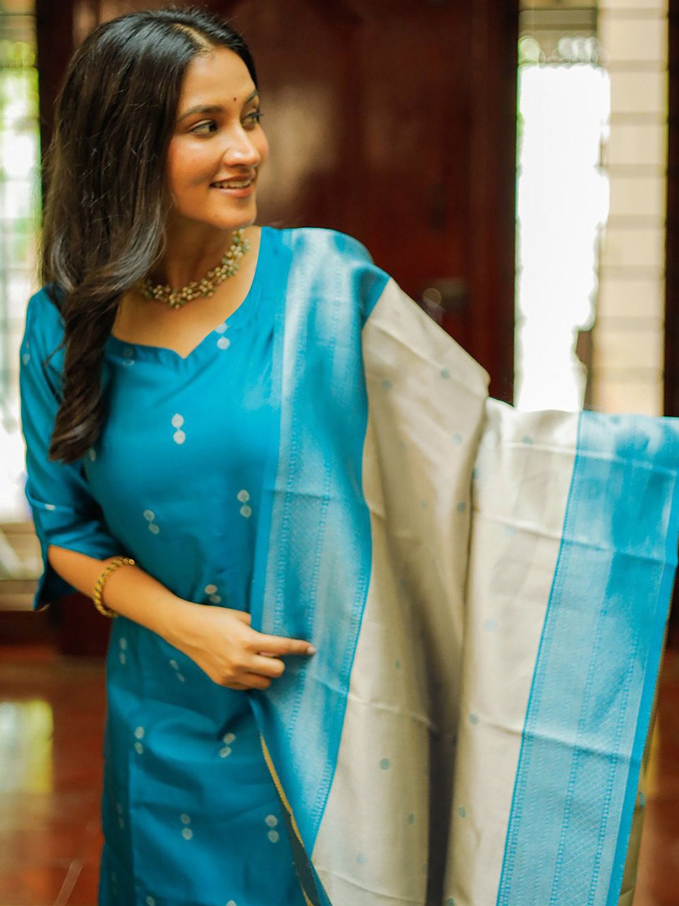 Cerulean Blue Jacquard Silk Butti Kurta Set with Silver Banarasi Dupatta