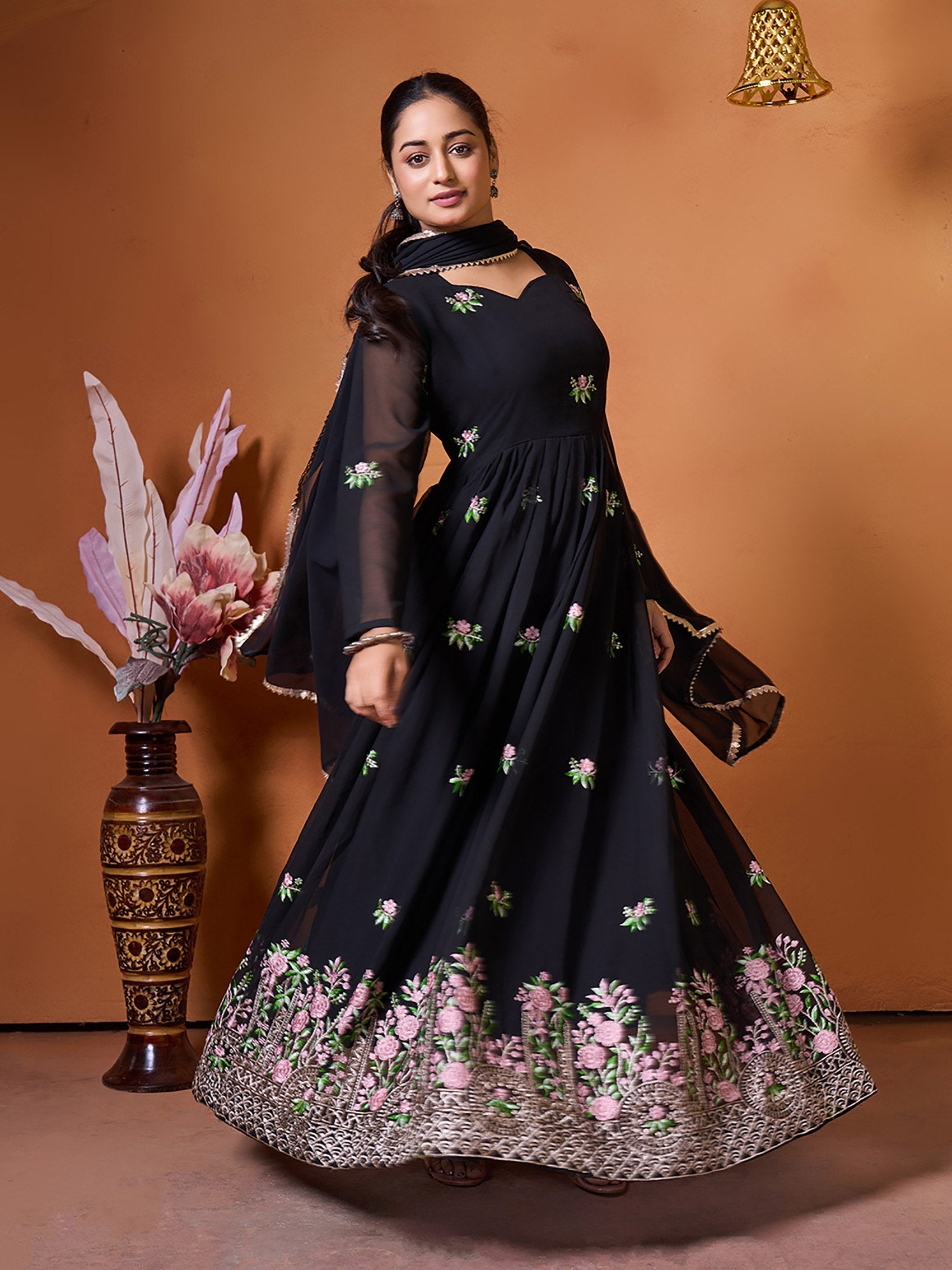 Evening Wear Black Anarkali Set in Georgette with Scalloped Lace Dupatta