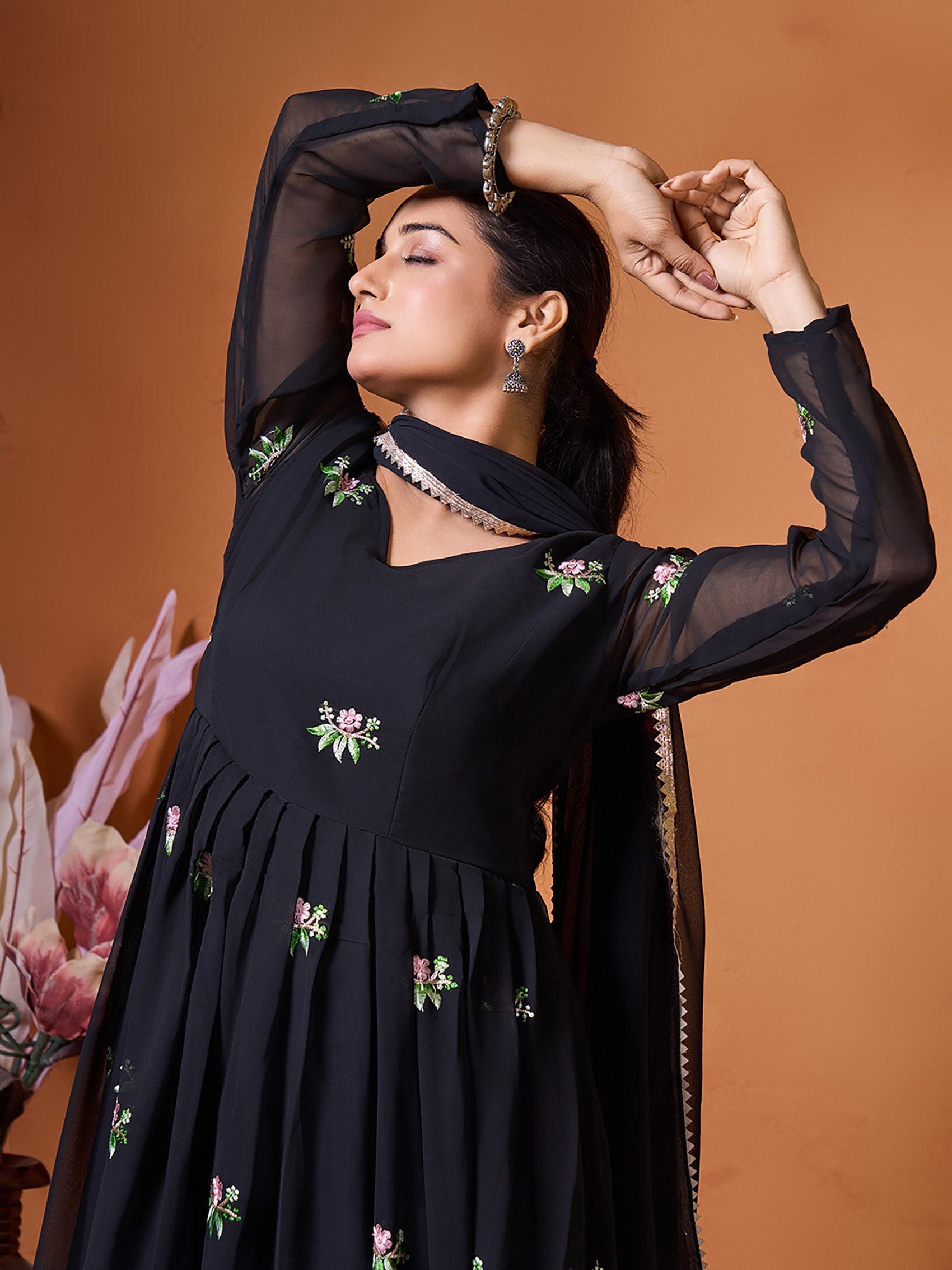 Evening Wear Black Anarkali Set in Georgette with Scalloped Lace Dupatta