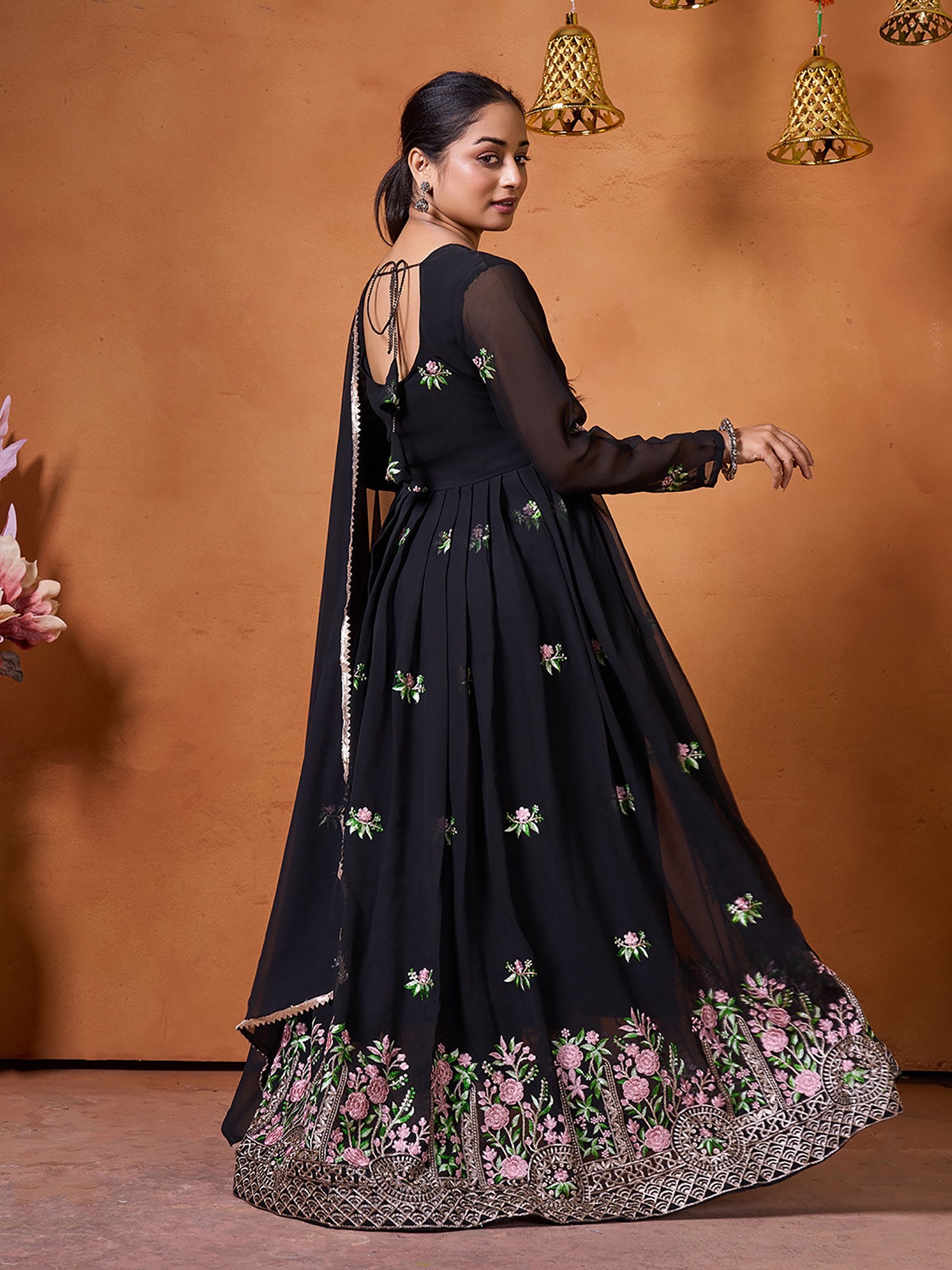 Evening Wear Black Anarkali Set in Georgette with Scalloped Lace Dupatta