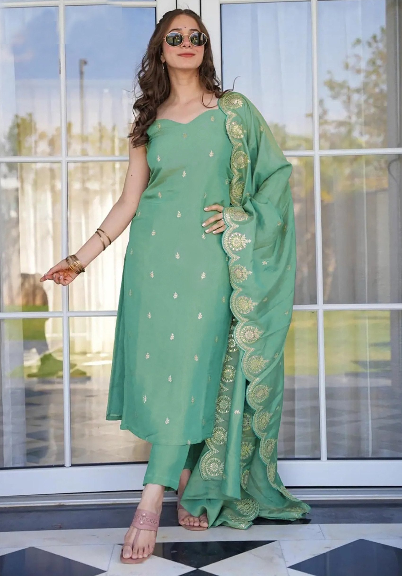 Seafoam Green Cotton Blend Set with Scalloped Dupatta