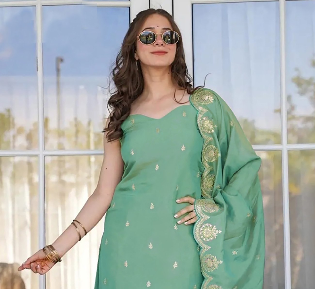 Seafoam Green Cotton Blend Set with Scalloped Dupatta