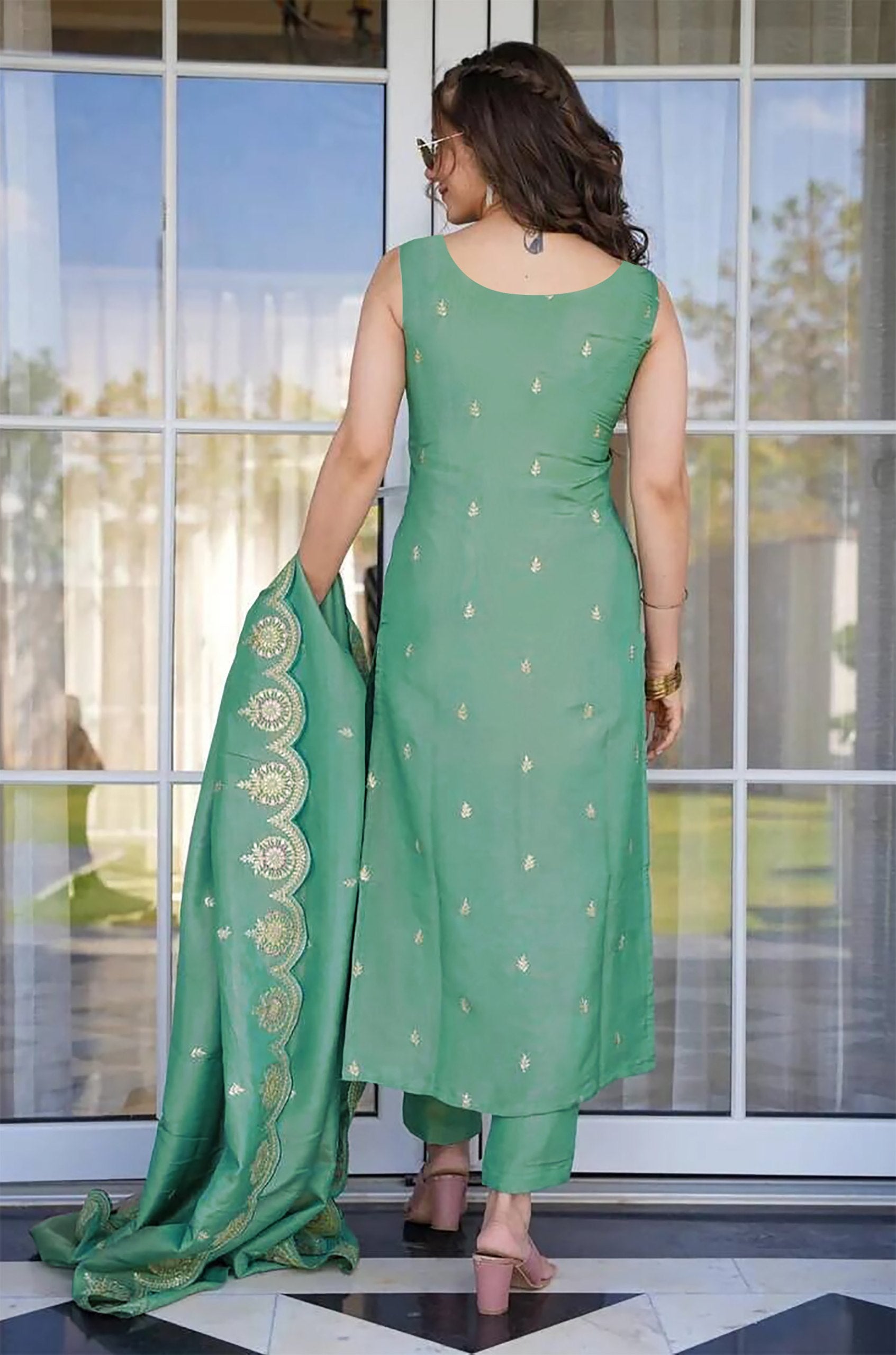 Seafoam Green Cotton Blend Set with Scalloped Dupatta