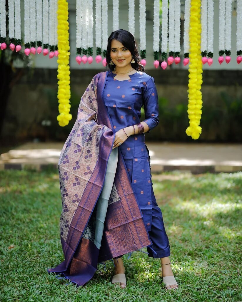 Royal Indigo Jacquard Silk Kurta Set with Banarasi Weave Dupatta & Tailored Trousers