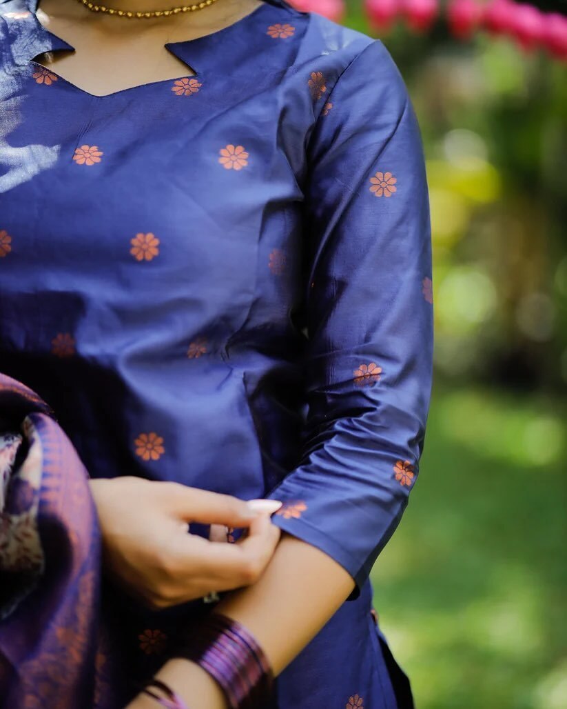 Royal Indigo Jacquard Silk Kurta Set with Banarasi Weave Dupatta & Tailored Trousers