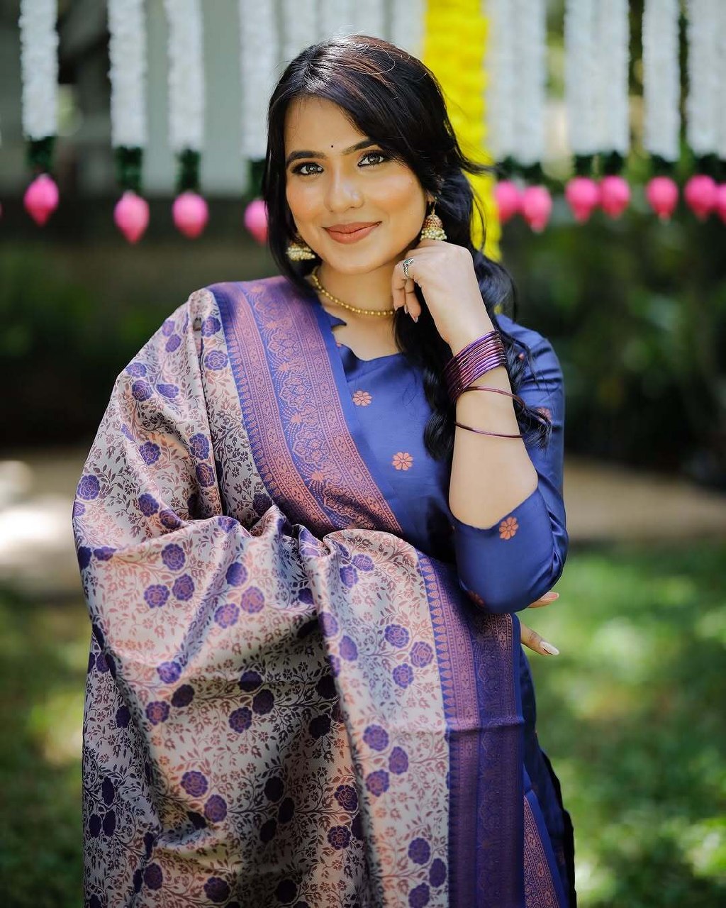 Royal Indigo Jacquard Silk Kurta Set with Banarasi Weave Dupatta & Tailored Trousers
