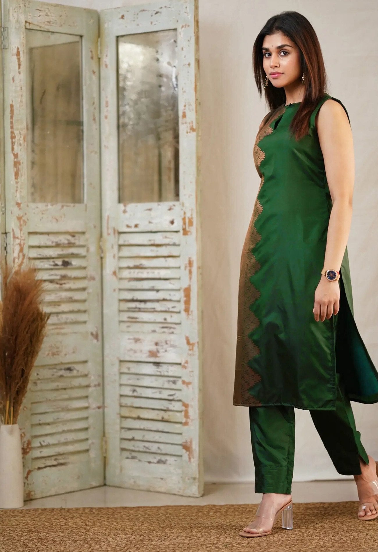 Art Silk Sleeveless Kurta Set in Dark Green with Copper Zari Work