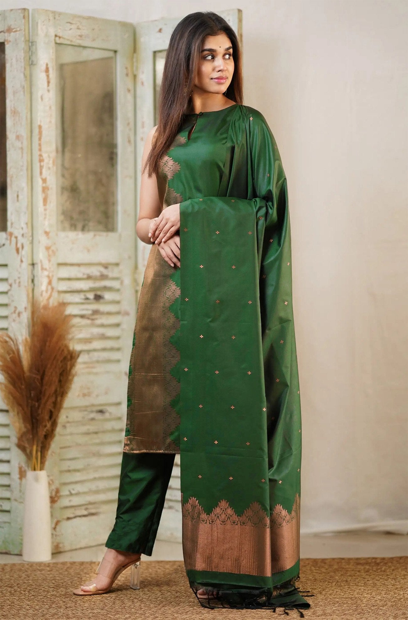 Art Silk Sleeveless Kurta Set in Dark Green with Copper Zari Work