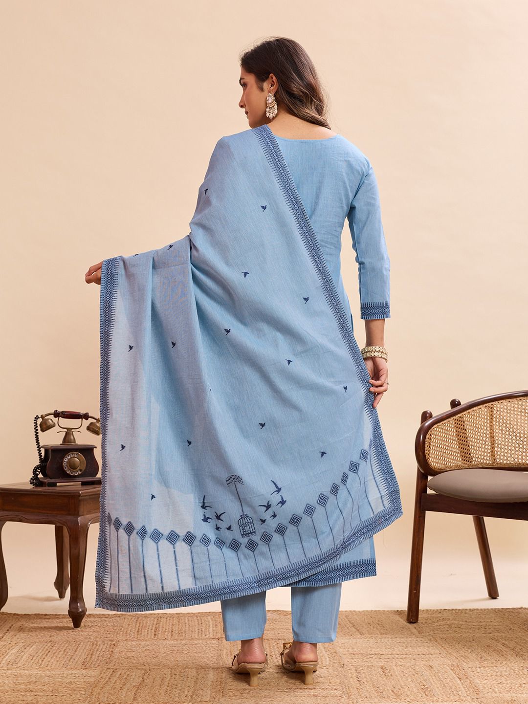 Women's Sky Blue Pure Cotton Kurta Set with Bird & Geometric