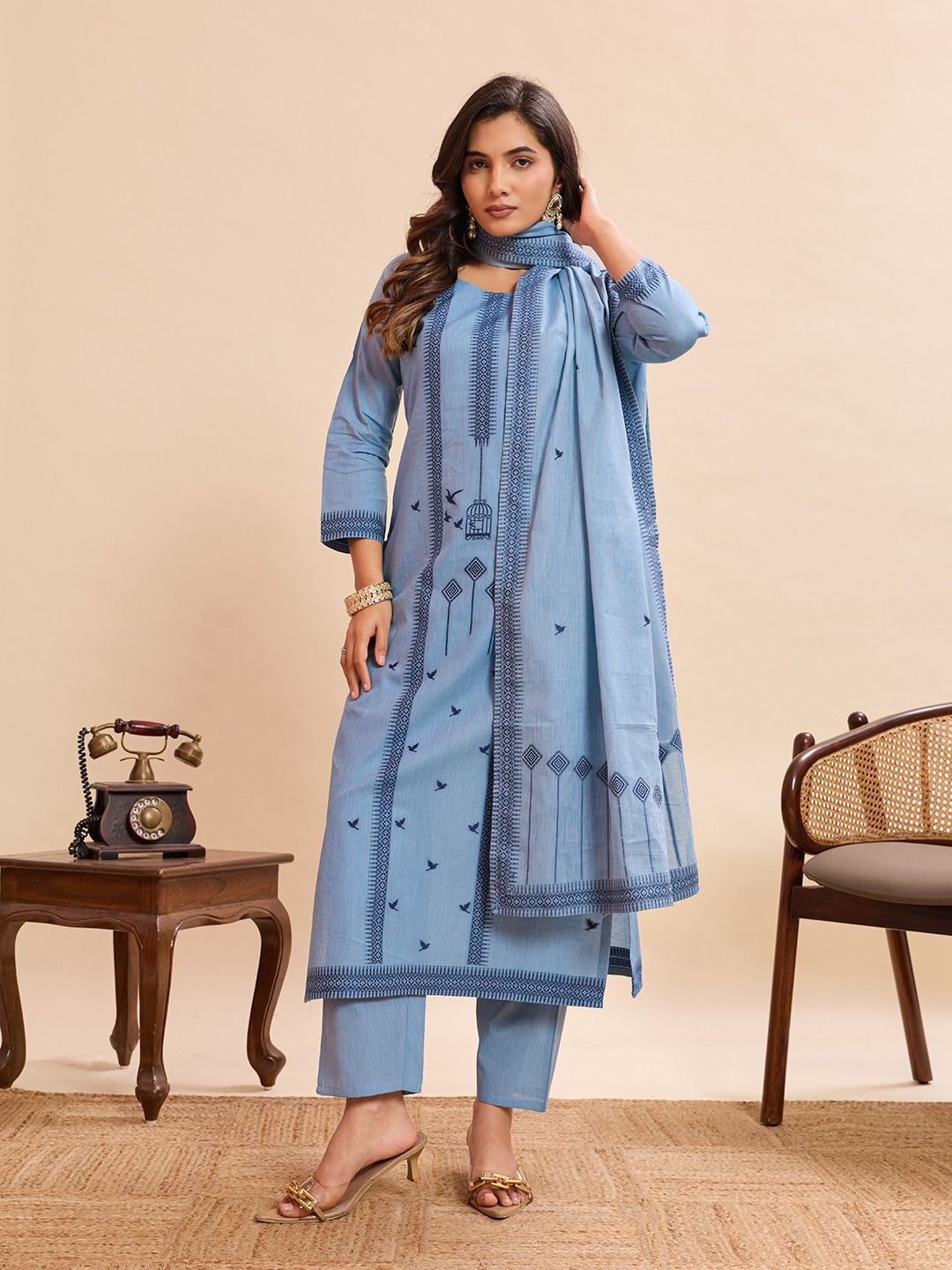 Women's Sky Blue Pure Cotton Kurta Set with Bird & Geometric