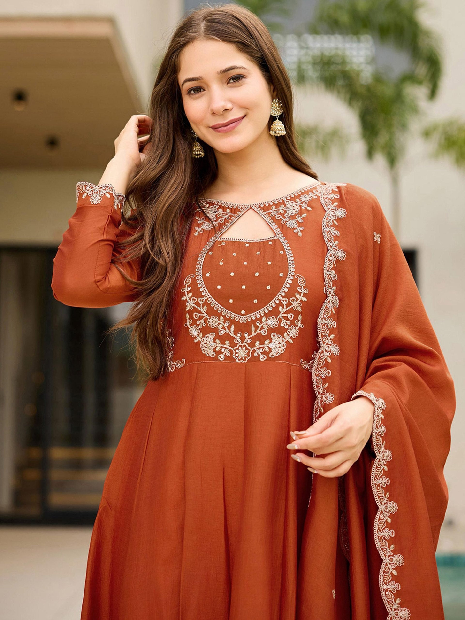 Luxe Vichitra Silk Embroidered Anarkali Set with Scalloped Dupatta & Trousers