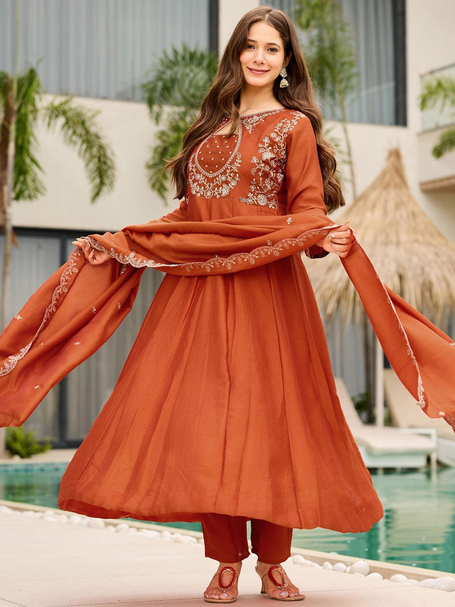 Luxe Vichitra Silk Embroidered Anarkali Set with Scalloped Dupatta & Trousers