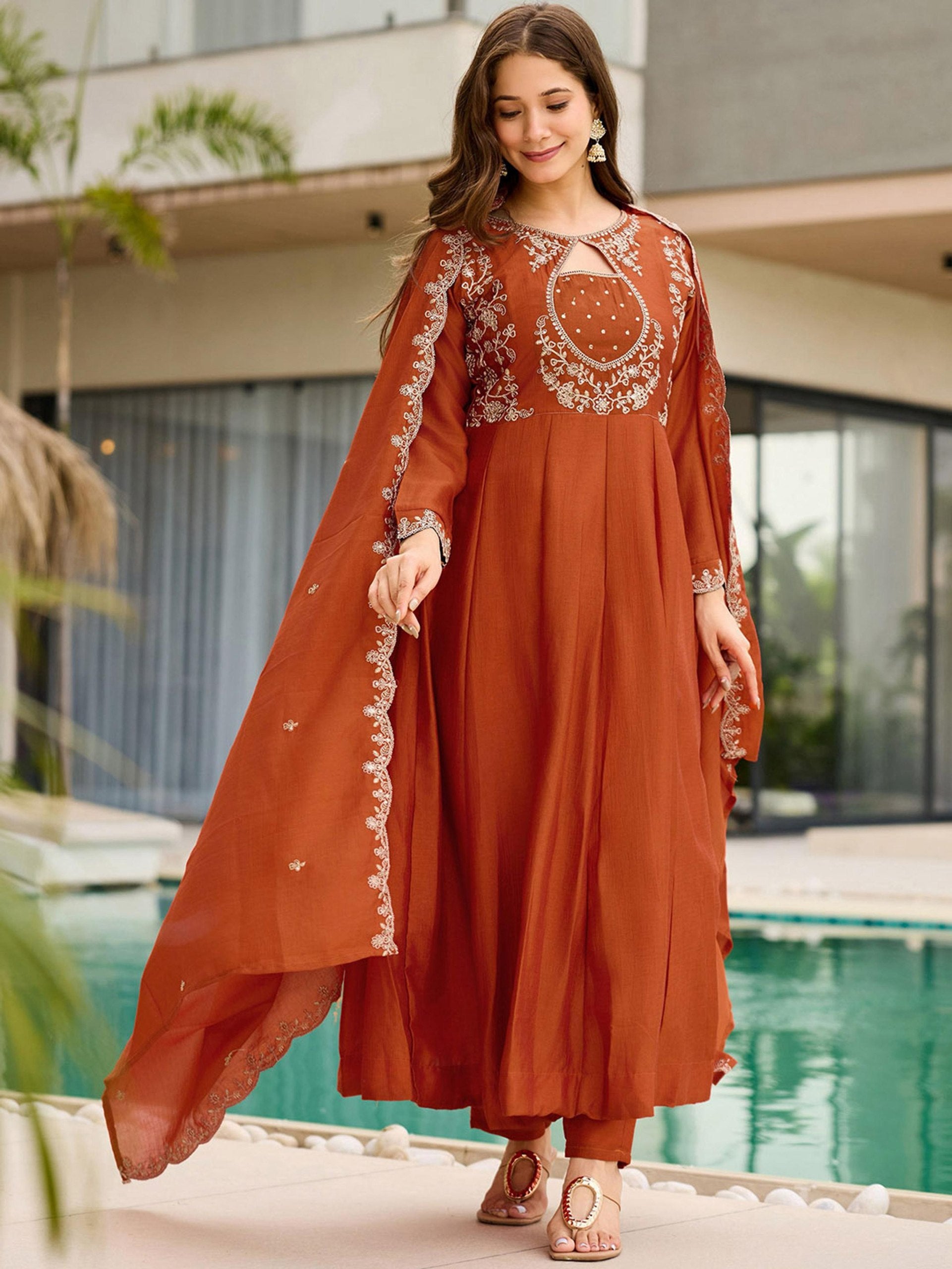 Luxe Vichitra Silk Embroidered Anarkali Set with Scalloped Dupatta & Trousers