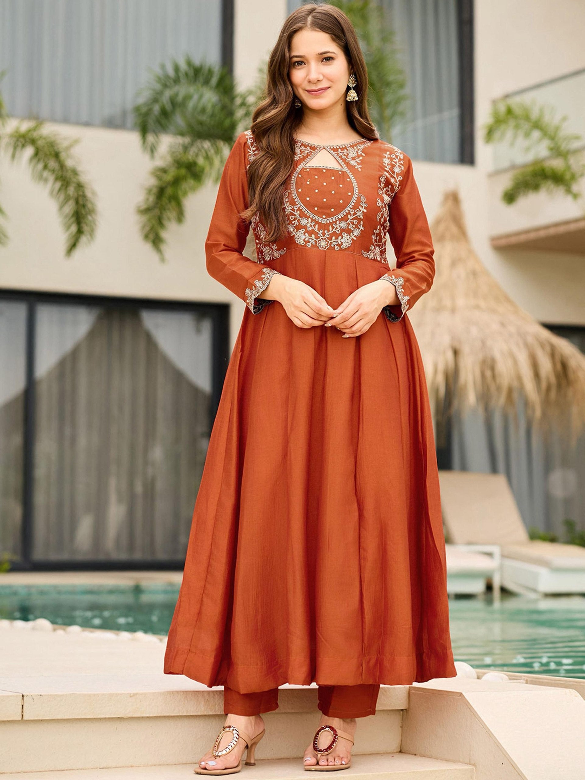 Luxe Vichitra Silk Embroidered Anarkali Set with Scalloped Dupatta & Trousers