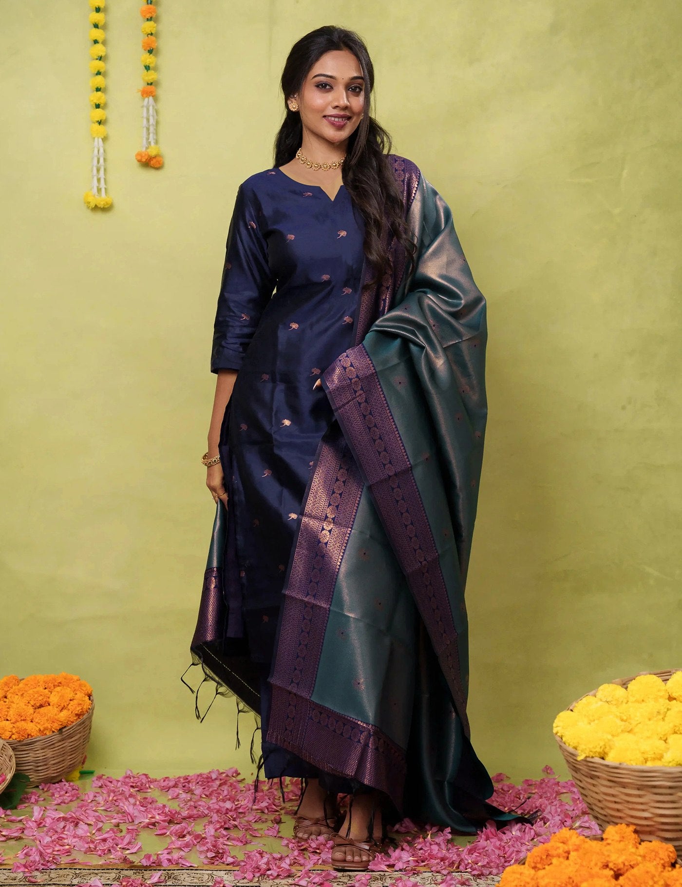 Royal Navy Blue Art Silk Ethnic Suit with Woven Copper Zari Dupatta