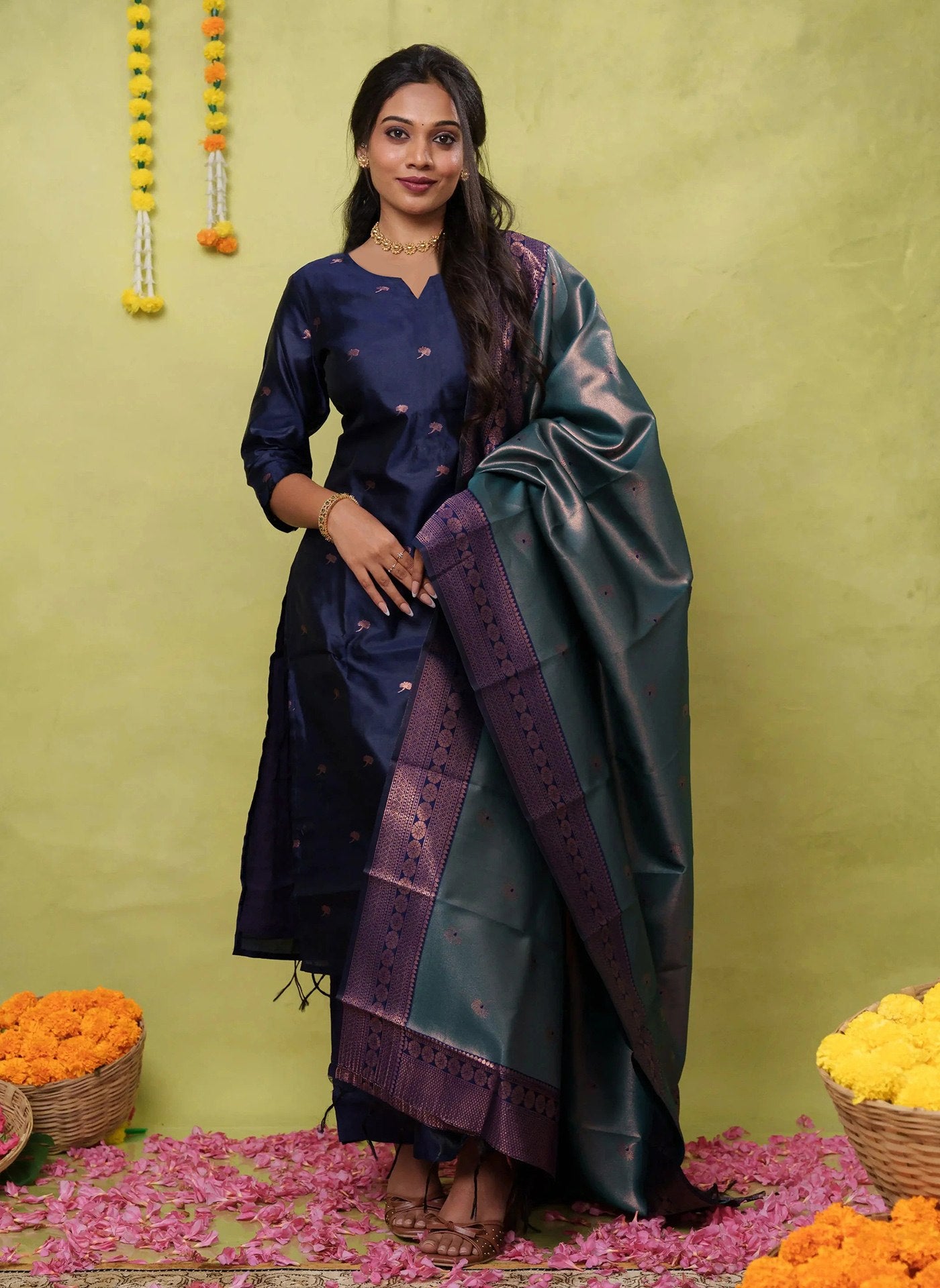 Royal Navy Blue Art Silk Ethnic Suit with Woven Copper Zari Dupatta