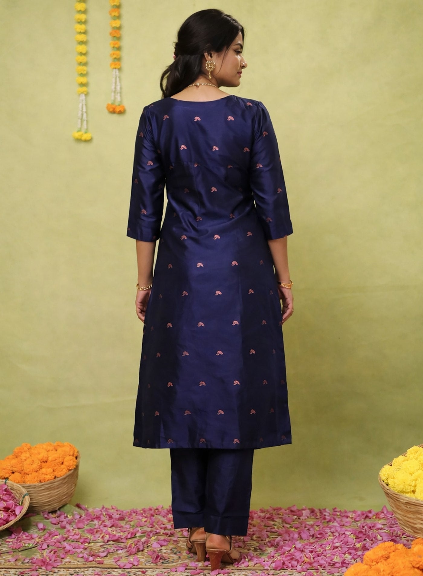 Royal Navy Blue Art Silk Ethnic Suit with Woven Copper Zari Dupatta