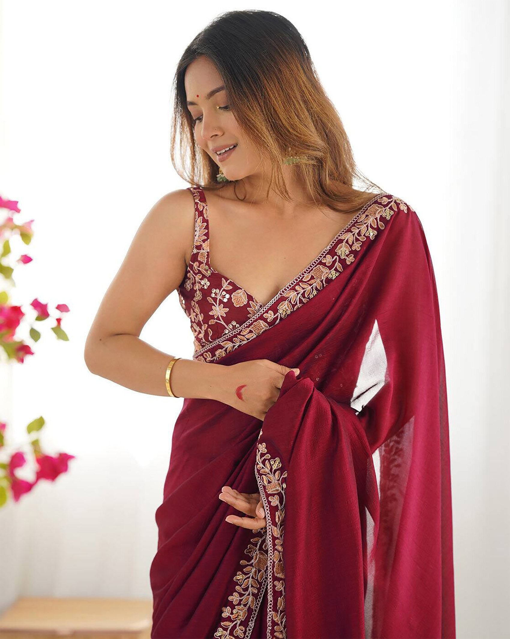 Monochromatic Maroon Party Wear Saree in Premium Rangoli Fabric