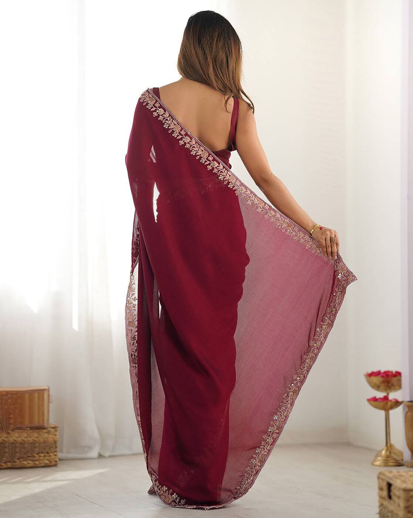 Monochromatic Maroon Party Wear Saree in Premium Rangoli Fabric