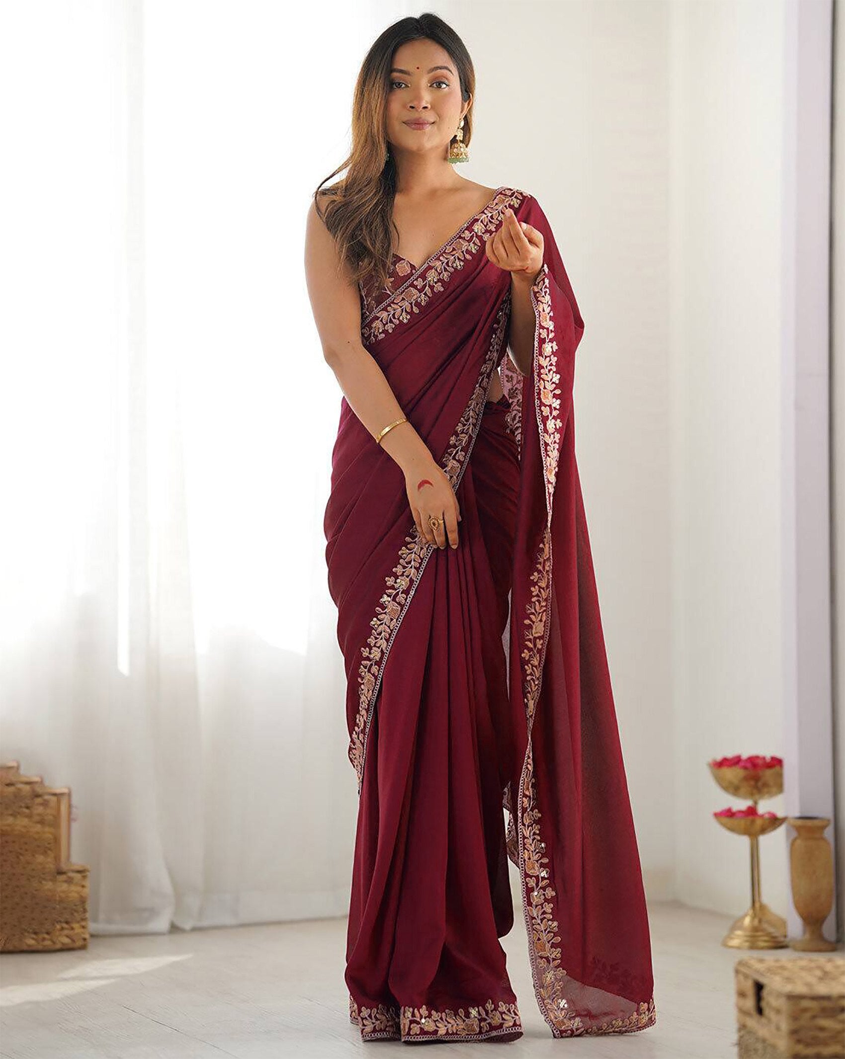 Monochromatic Maroon Party Wear Saree in Premium Rangoli Fabric