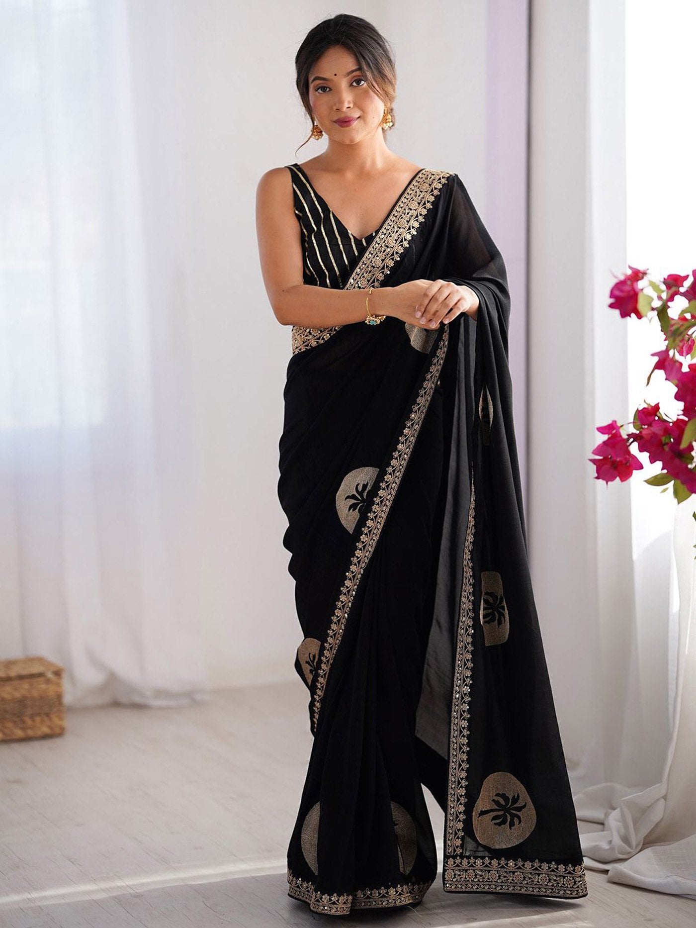 Midnight Black Rangoli Silk Saree – Gold Gota Border with Striped Art Silk Blouse Set