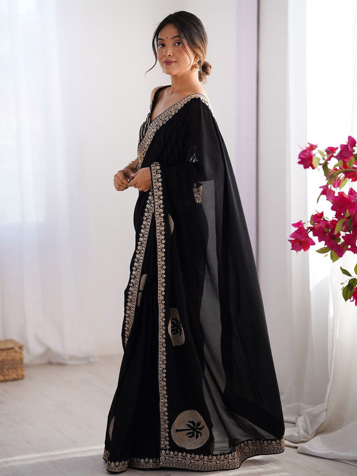Midnight Black Rangoli Silk Saree – Gold Gota Border with Striped Art Silk Blouse Set