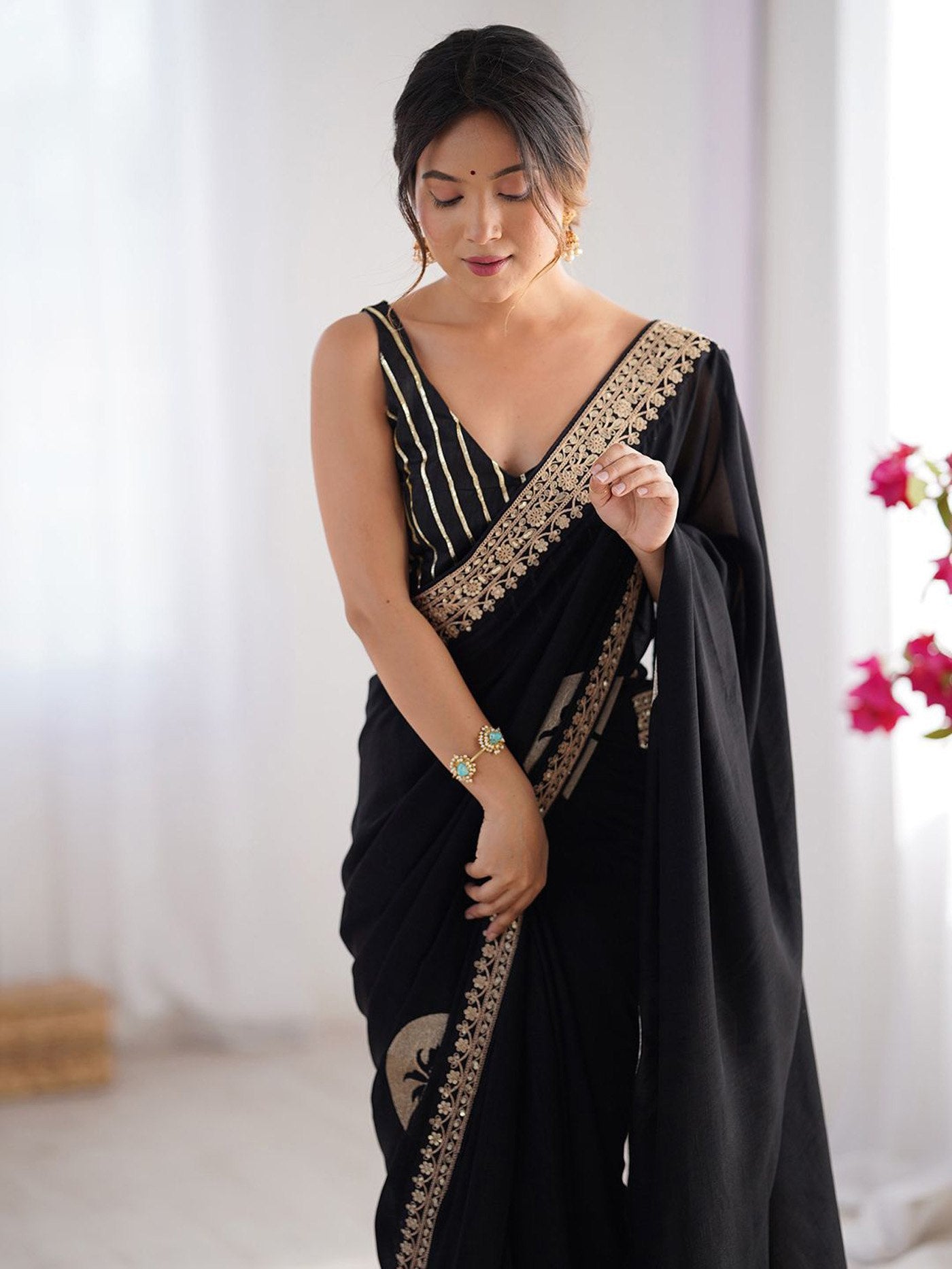 Midnight Black Rangoli Silk Saree – Gold Gota Border with Striped Art Silk Blouse Set