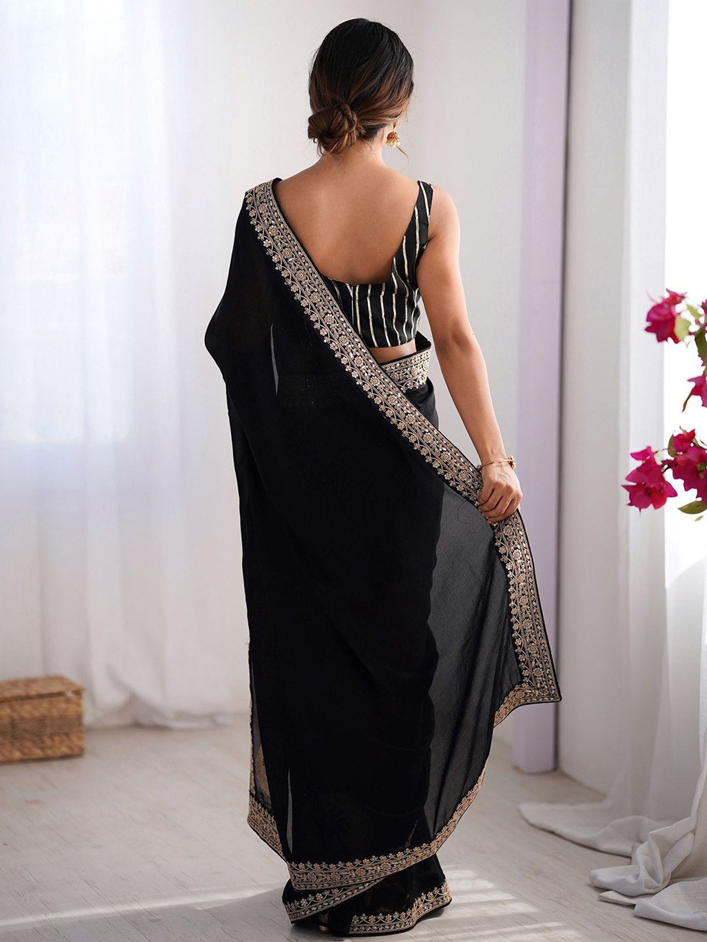 Midnight Black Rangoli Silk Saree – Gold Gota Border with Striped Art Silk Blouse Set
