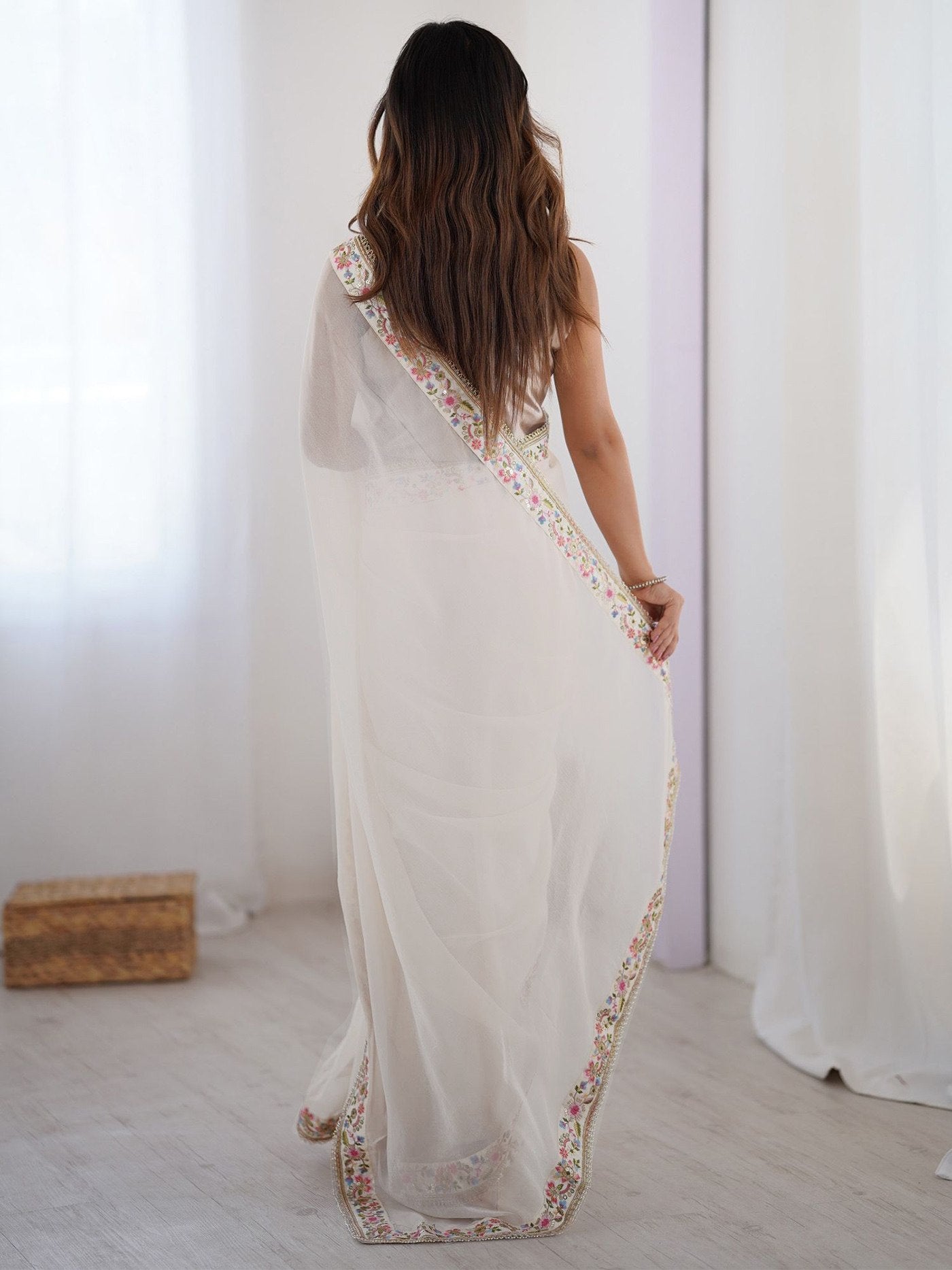 Elegant Off-White Georgette Saree with Floral Scalloped Border & Champagne Art Silk Blouse