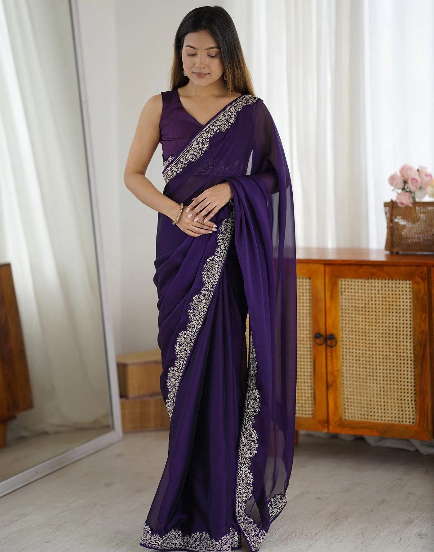 Deep Royal Purple Rangoli Silk Saree with Ornate Silver Scalloped Embroidery