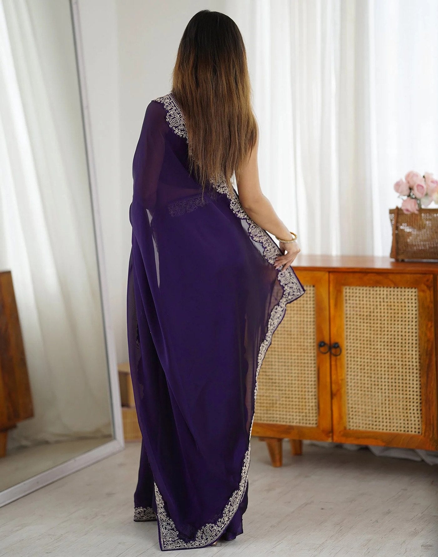Deep Royal Purple Rangoli Silk Saree with Ornate Silver Scalloped Embroidery