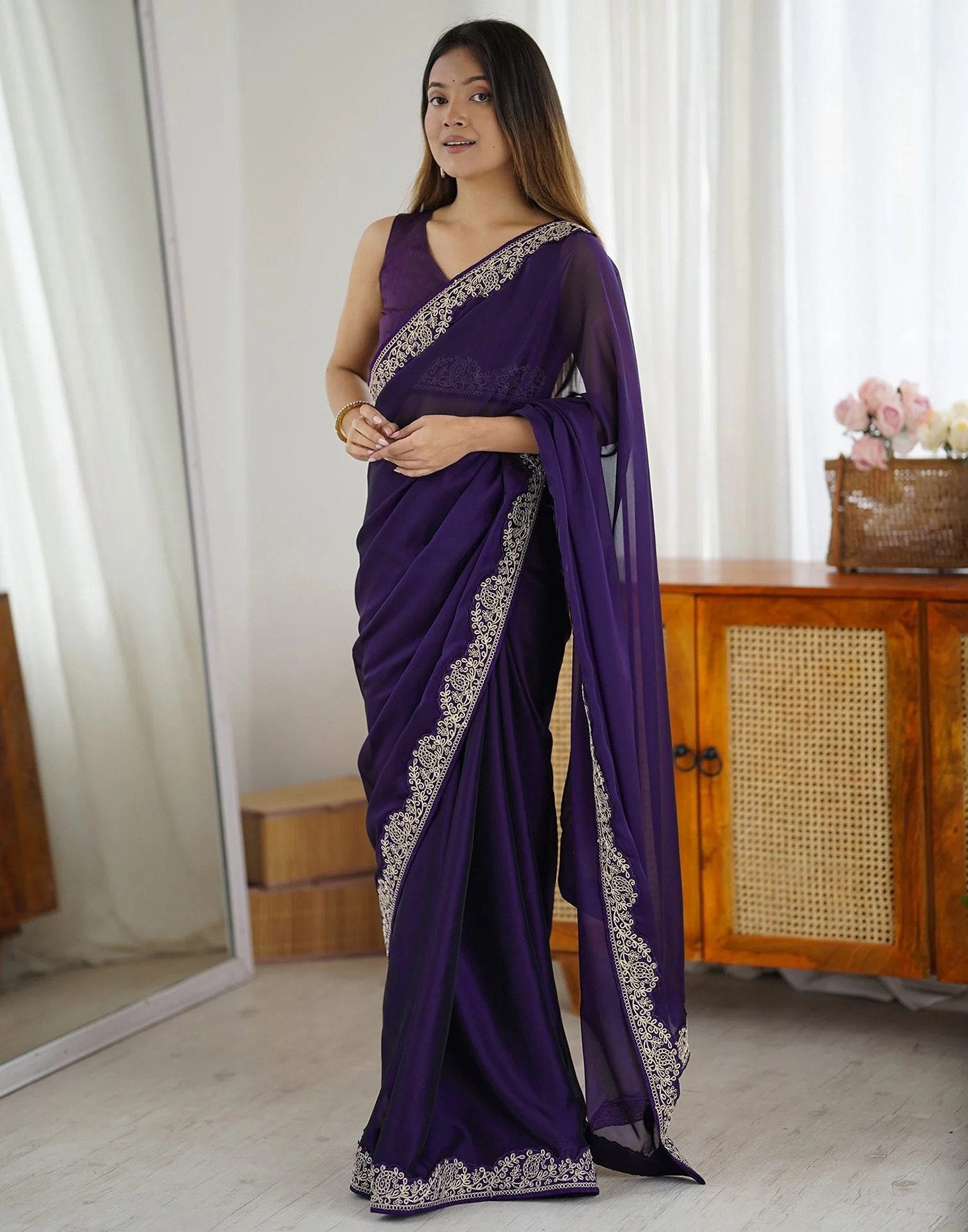 Deep Royal Purple Rangoli Silk Saree with Ornate Silver Scalloped Embroidery