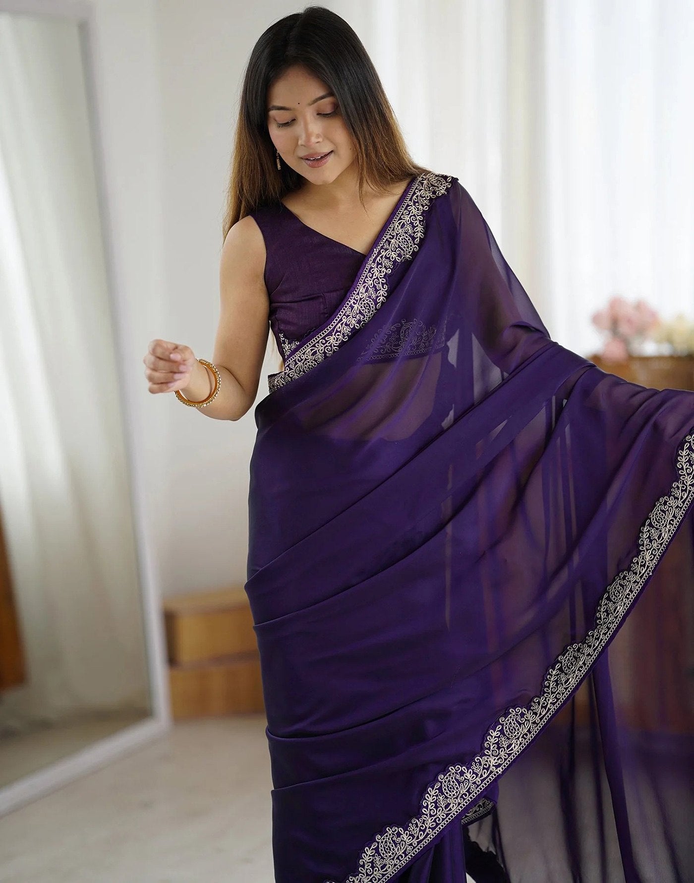 Deep Royal Purple Rangoli Silk Saree with Ornate Silver Scalloped Embroidery
