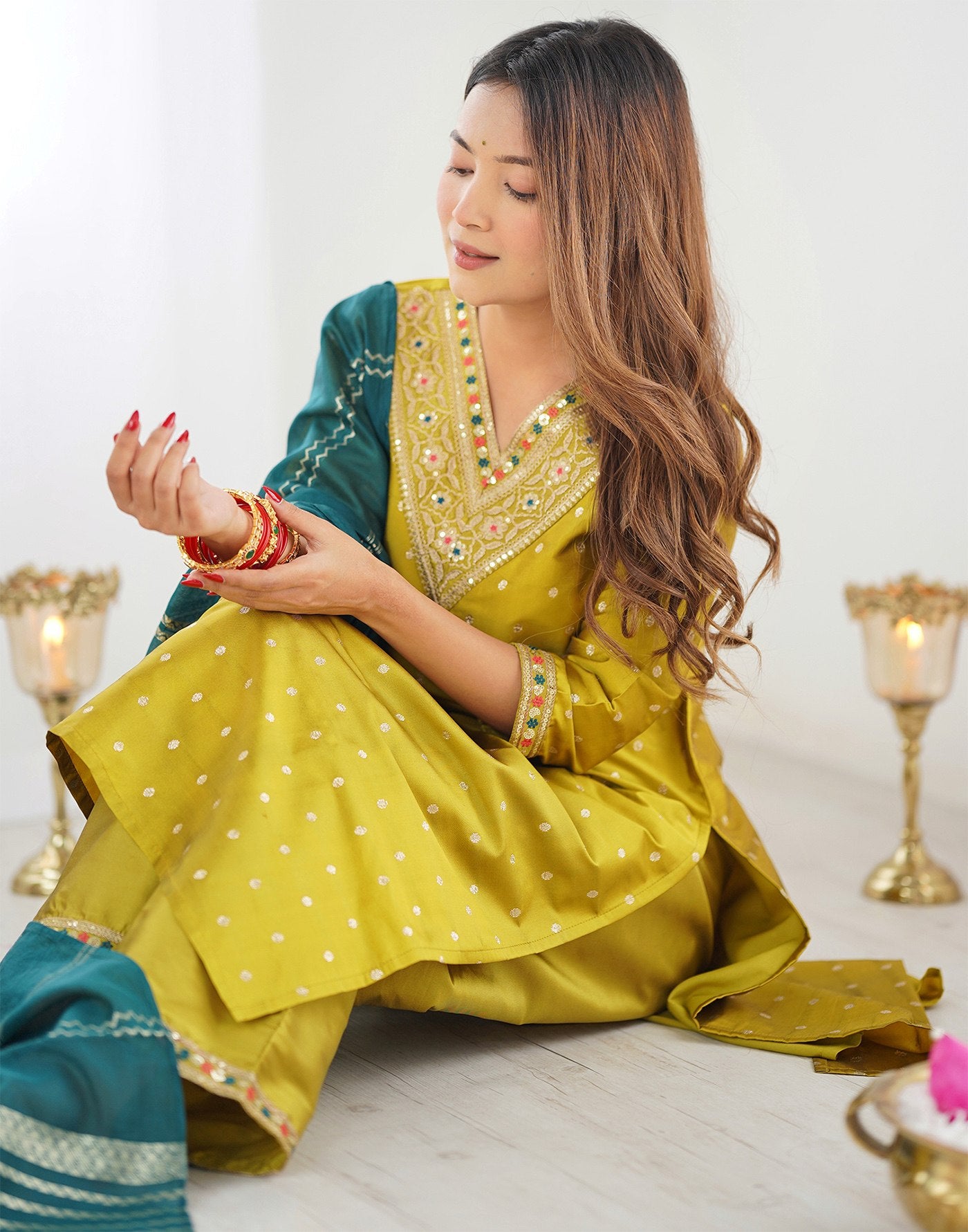 Women's Mustard Yellow Embroidered Jacquard Suit Set