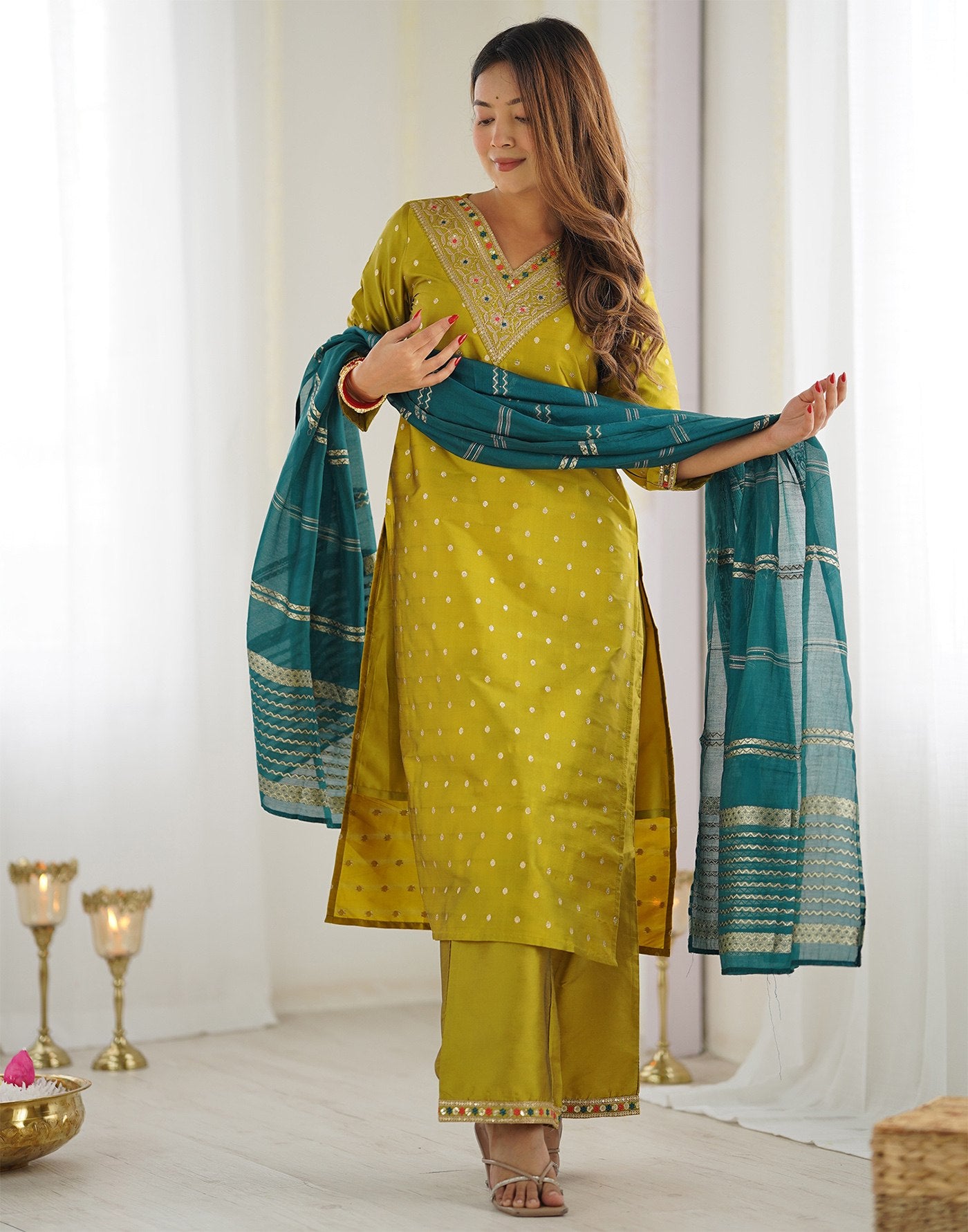 Women's Mustard Yellow Embroidered Jacquard Suit Set