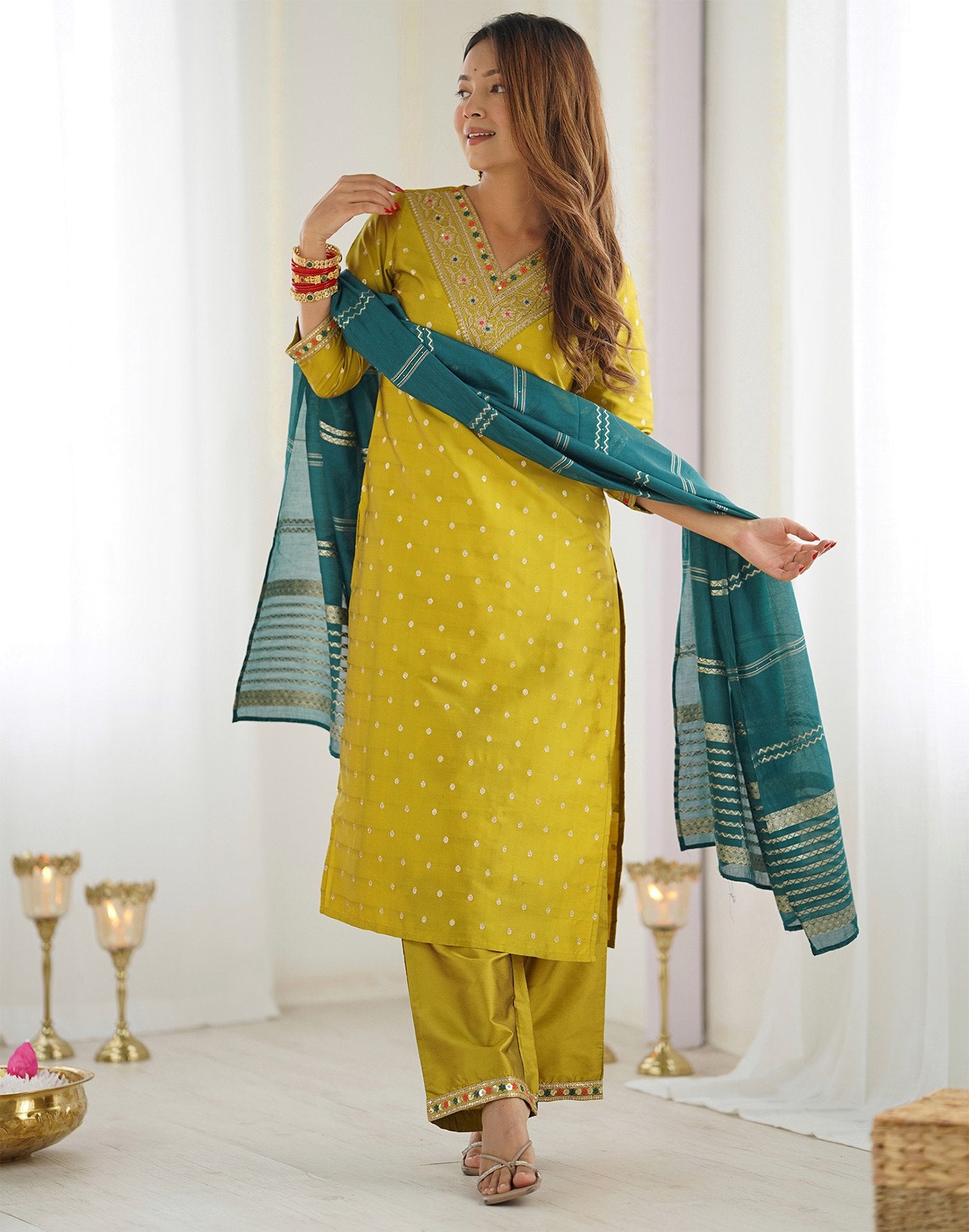 Women's Mustard Yellow Embroidered Jacquard Suit Set