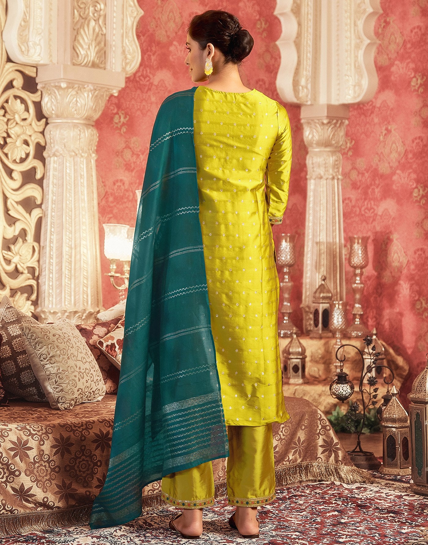 Women's Mustard Yellow Embroidered Jacquard Suit Set