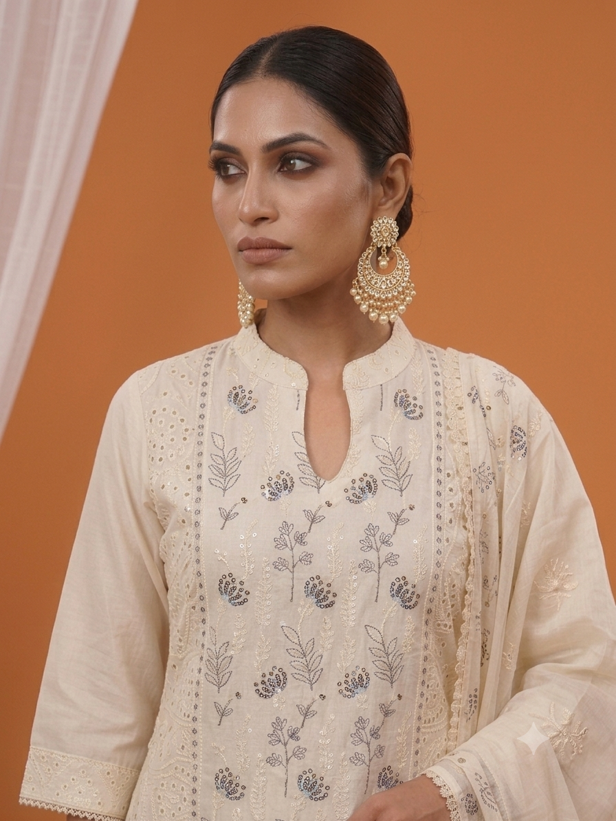 Moonlight Ivory Chikankari-Inspired Suit Set with Dupatta