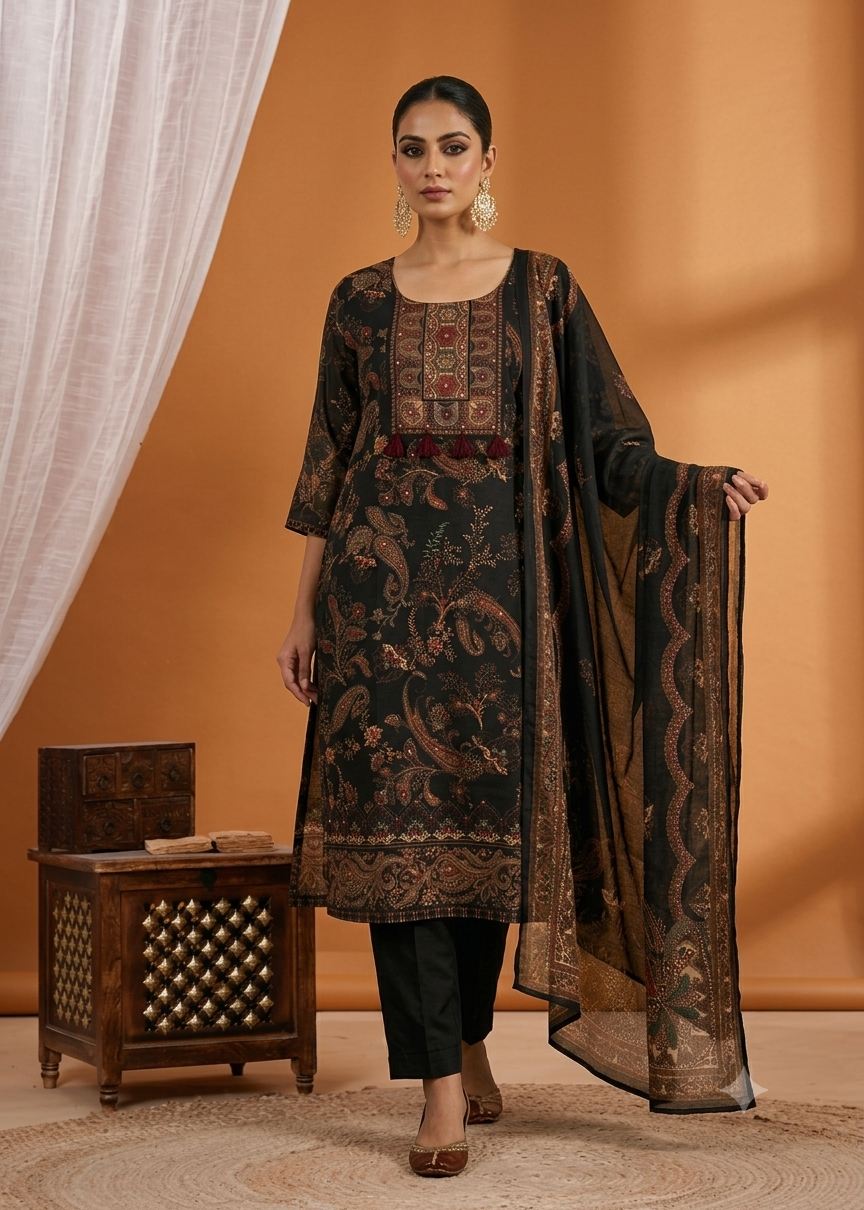 Black Paisley Printed Suit Set with Dupatta