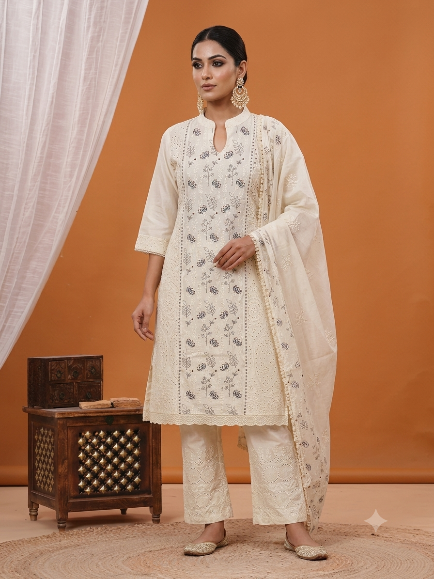 Moonlight Ivory Chikankari-Inspired Suit Set with Dupatta
