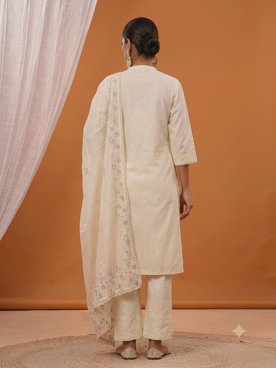 Moonlight Ivory Chikankari-Inspired Suit Set with Dupatta