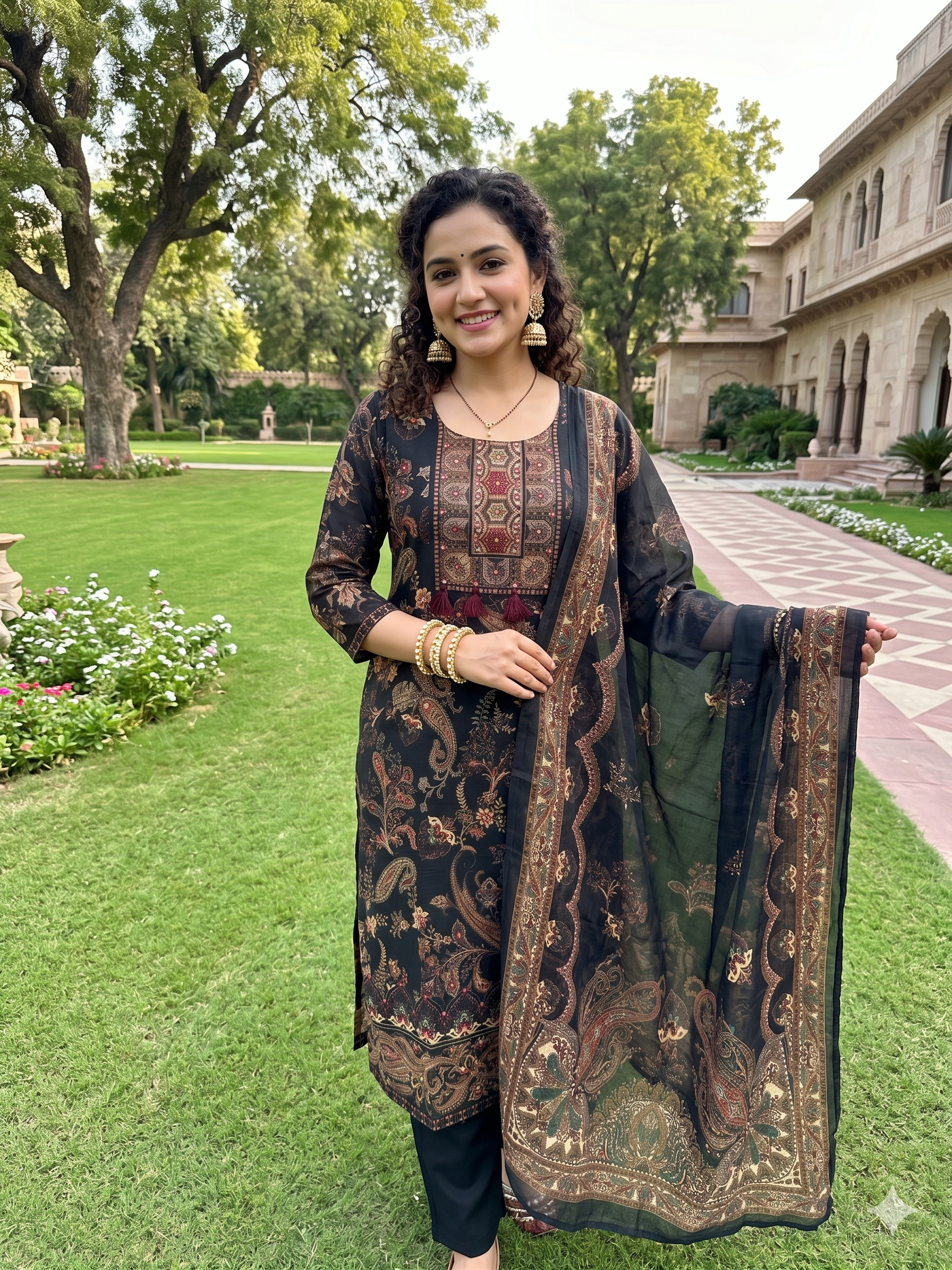 Black Paisley Printed Suit Set with Dupatta