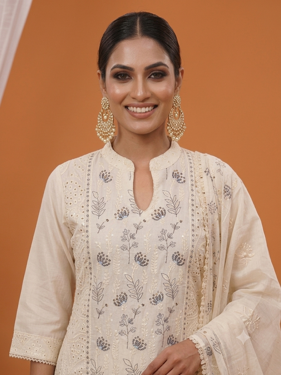 Moonlight Ivory Chikankari-Inspired Suit Set with Dupatta