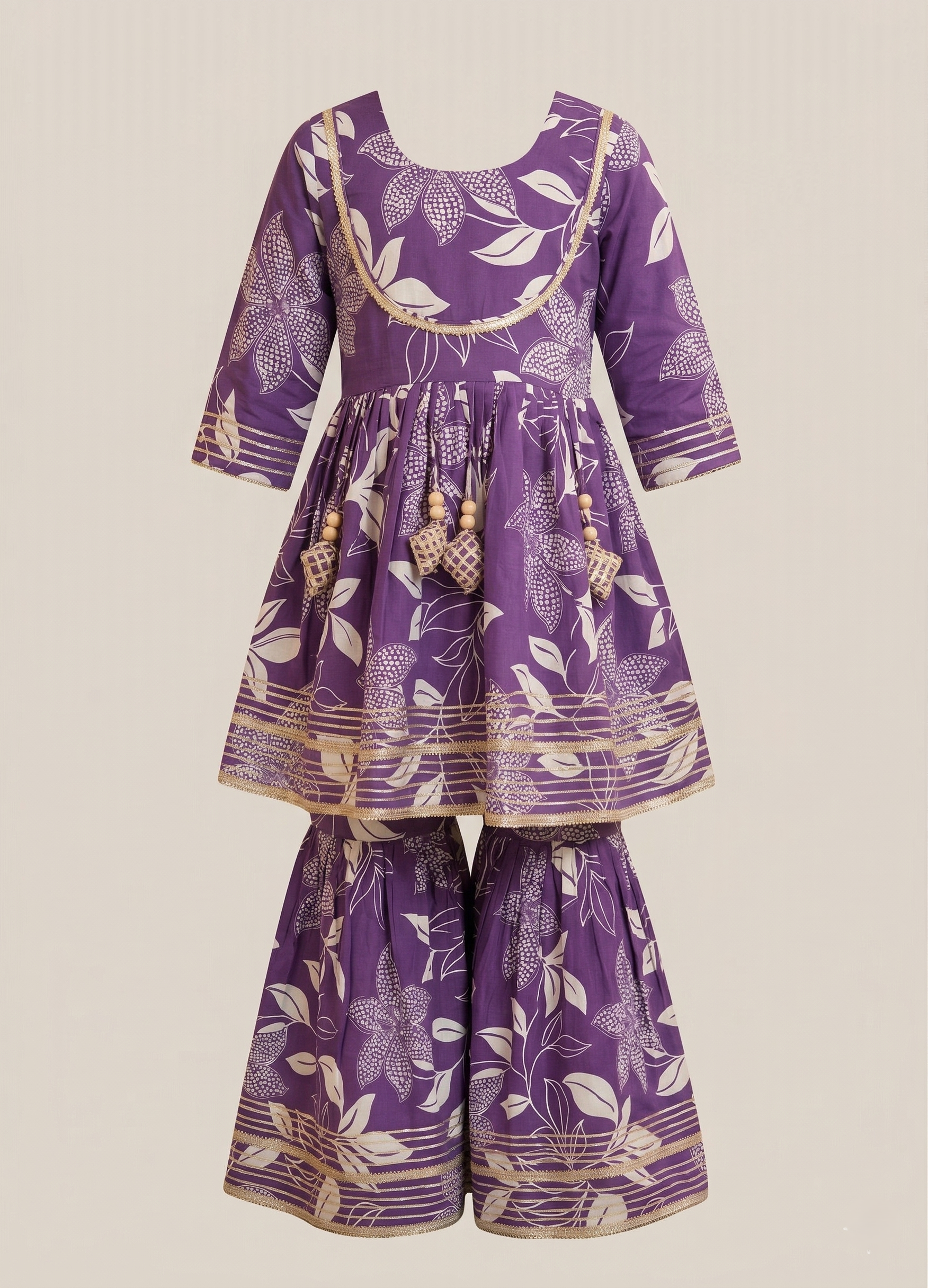 Purple Floral Printed Cotton Kurti And Flared Palazzo